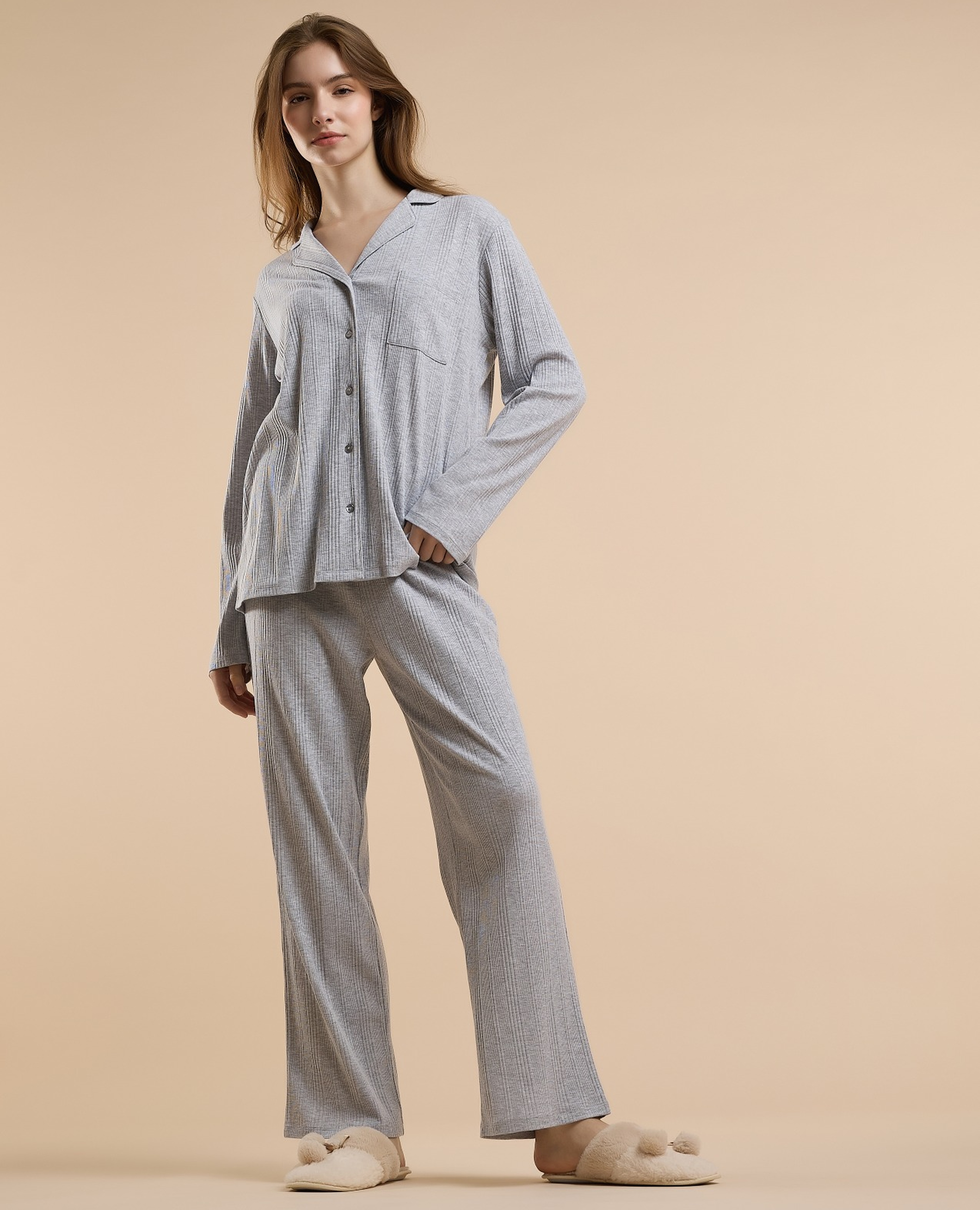 Ribbed Lapel Collar Pyjama Set