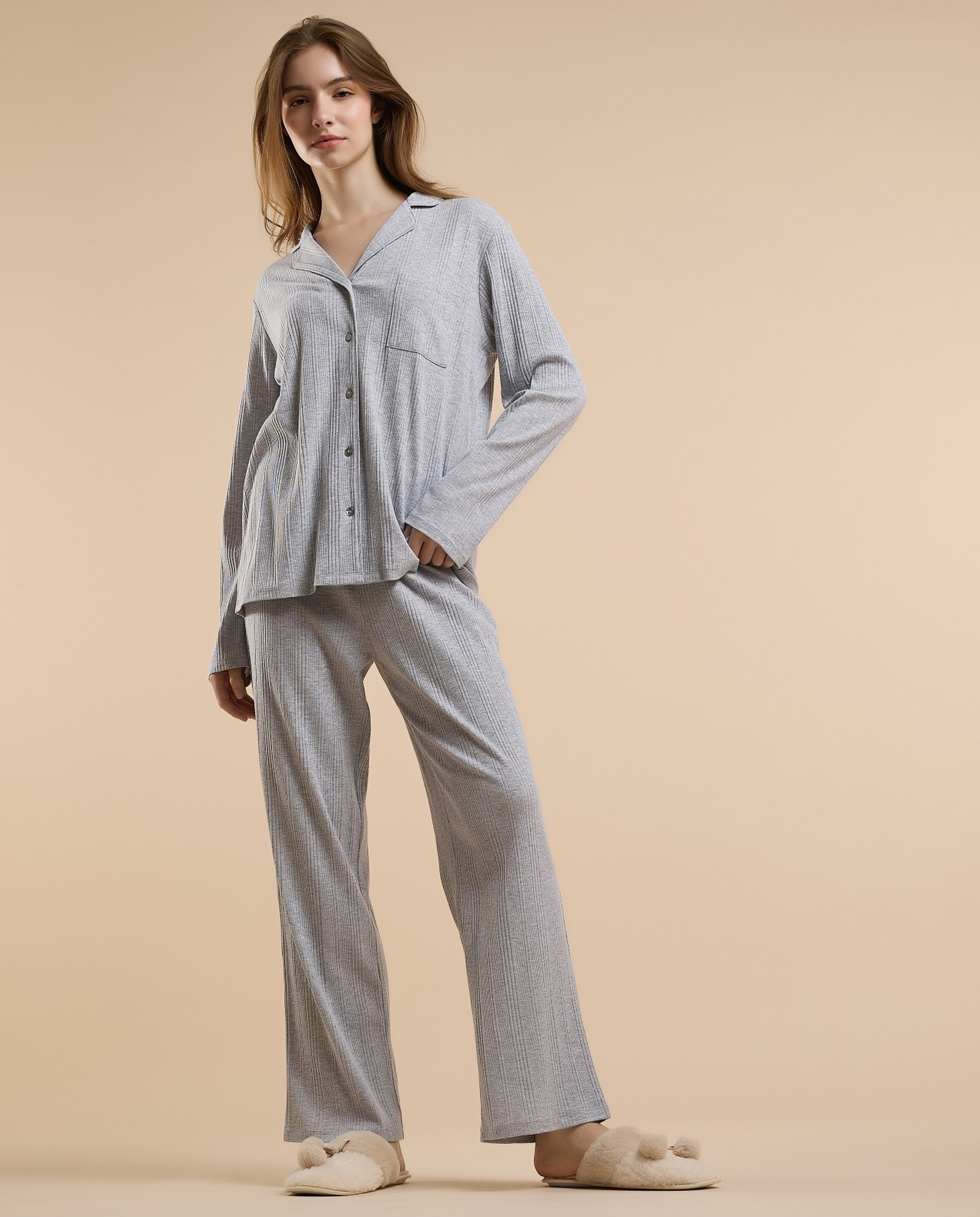 Ribbed Lapel Collar Pyjama Set