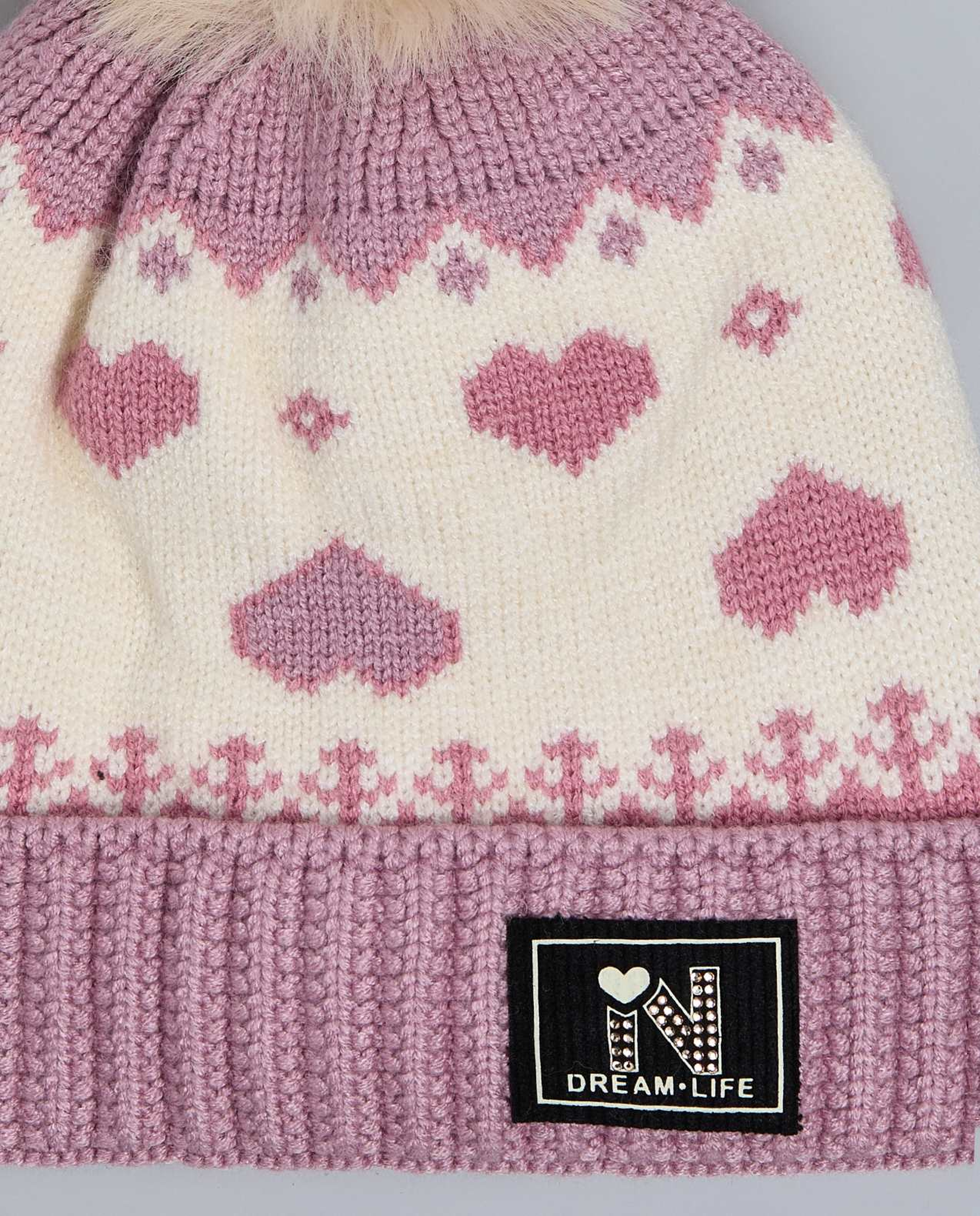 Patterned Beanie with Pom-Pom