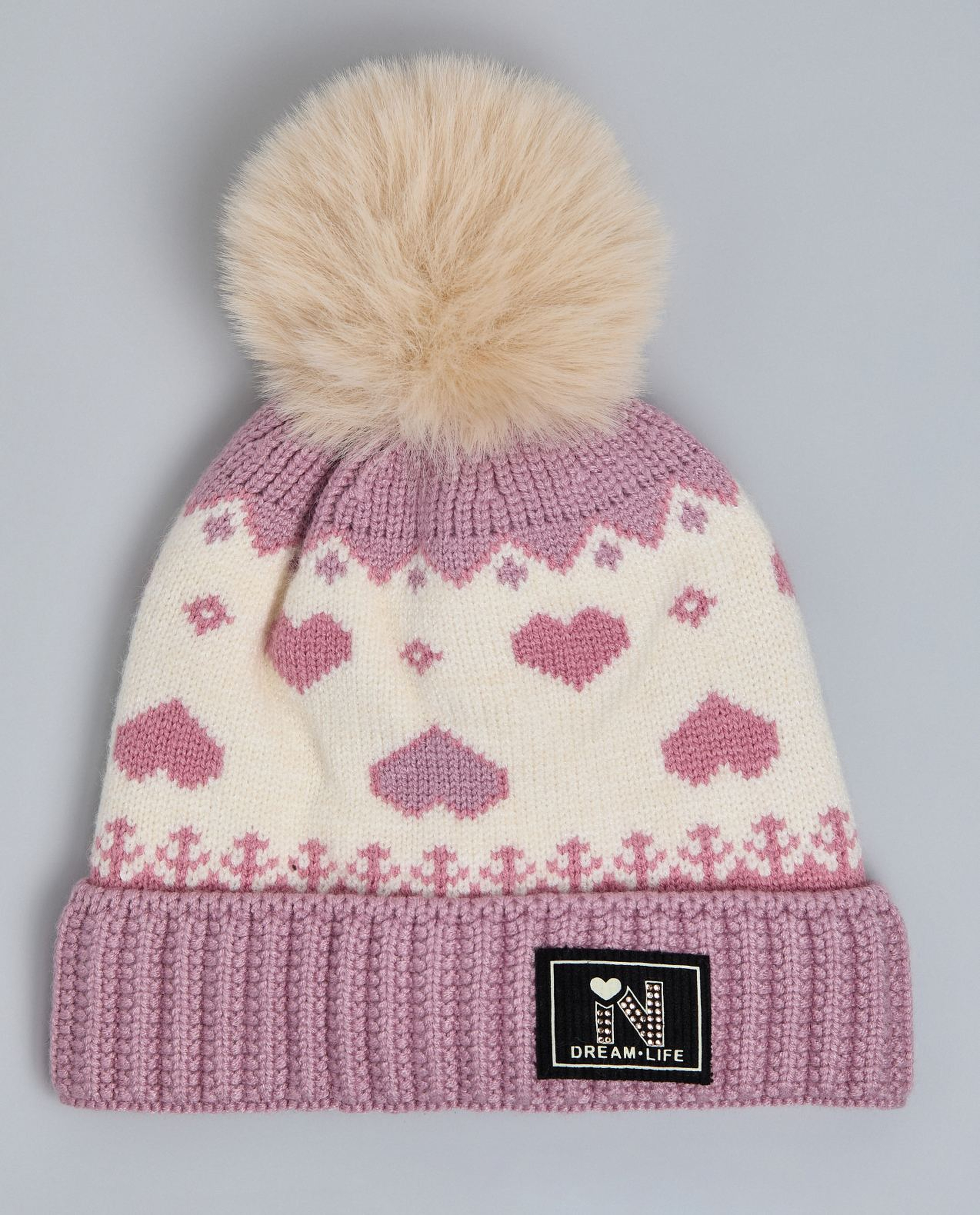 Patterned Beanie with Pom-Pom