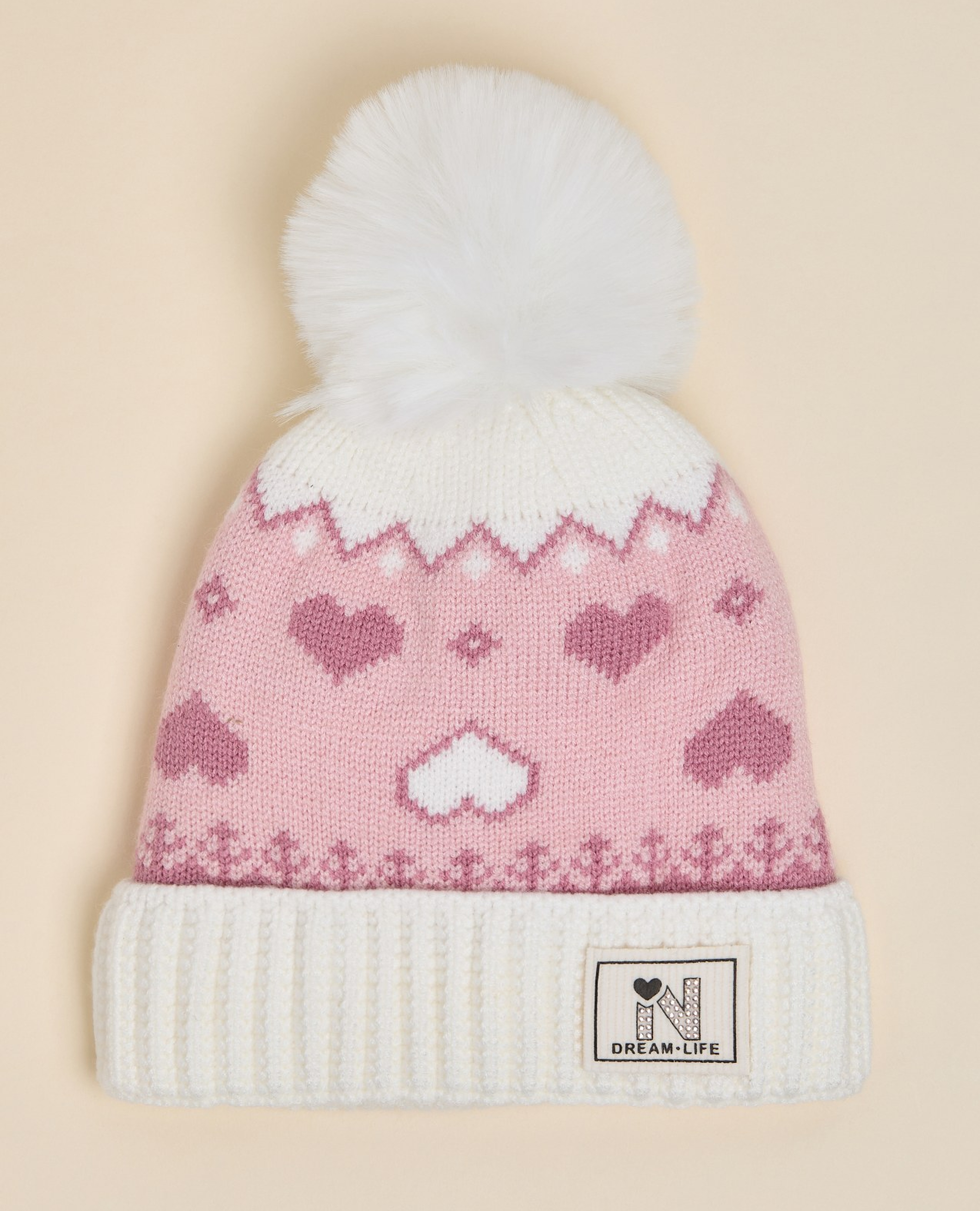 Patterned Beanie with Pom-Pom