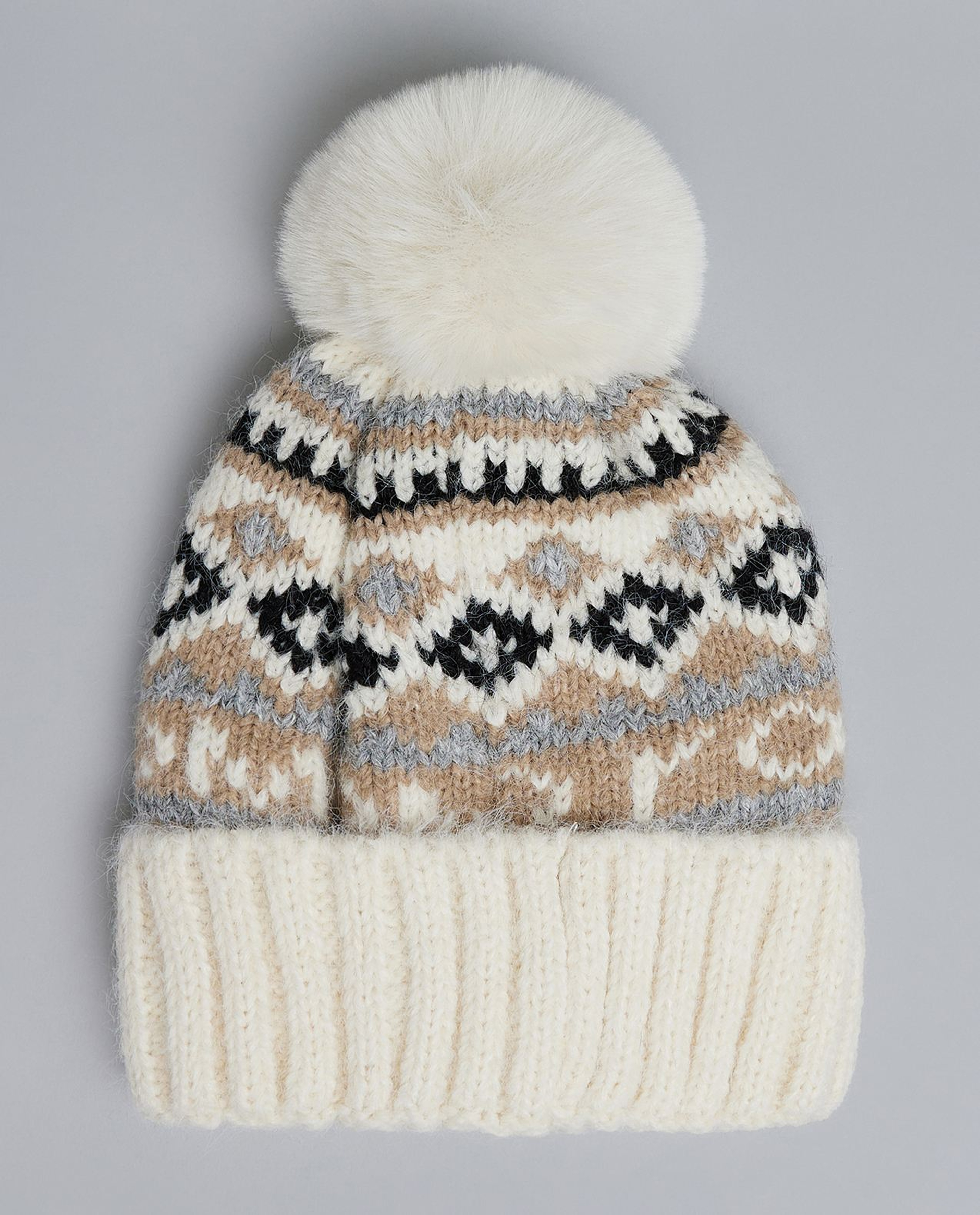 Patterned Beanie with Pom-Pom