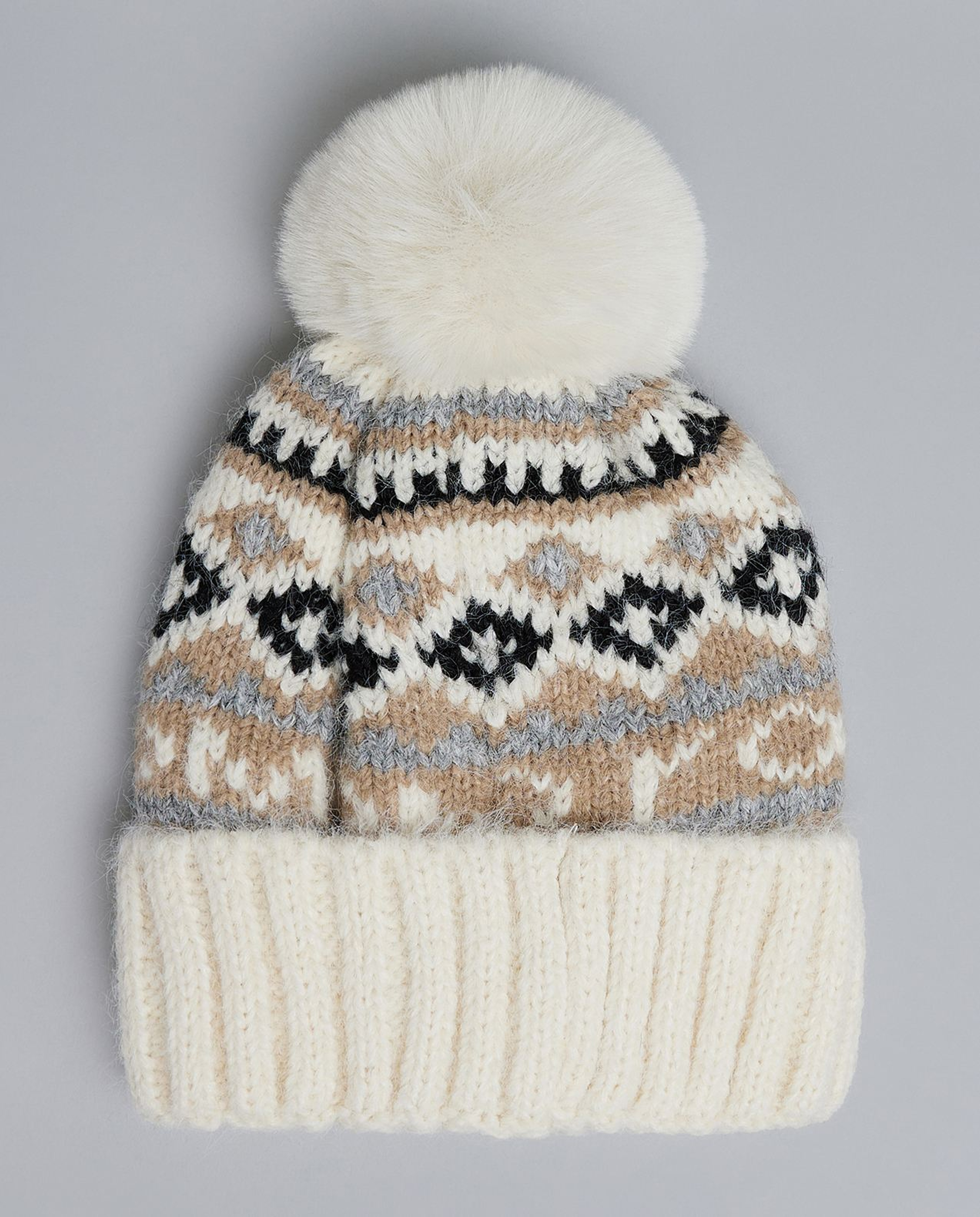 Patterned Beanie with Pom-Pom