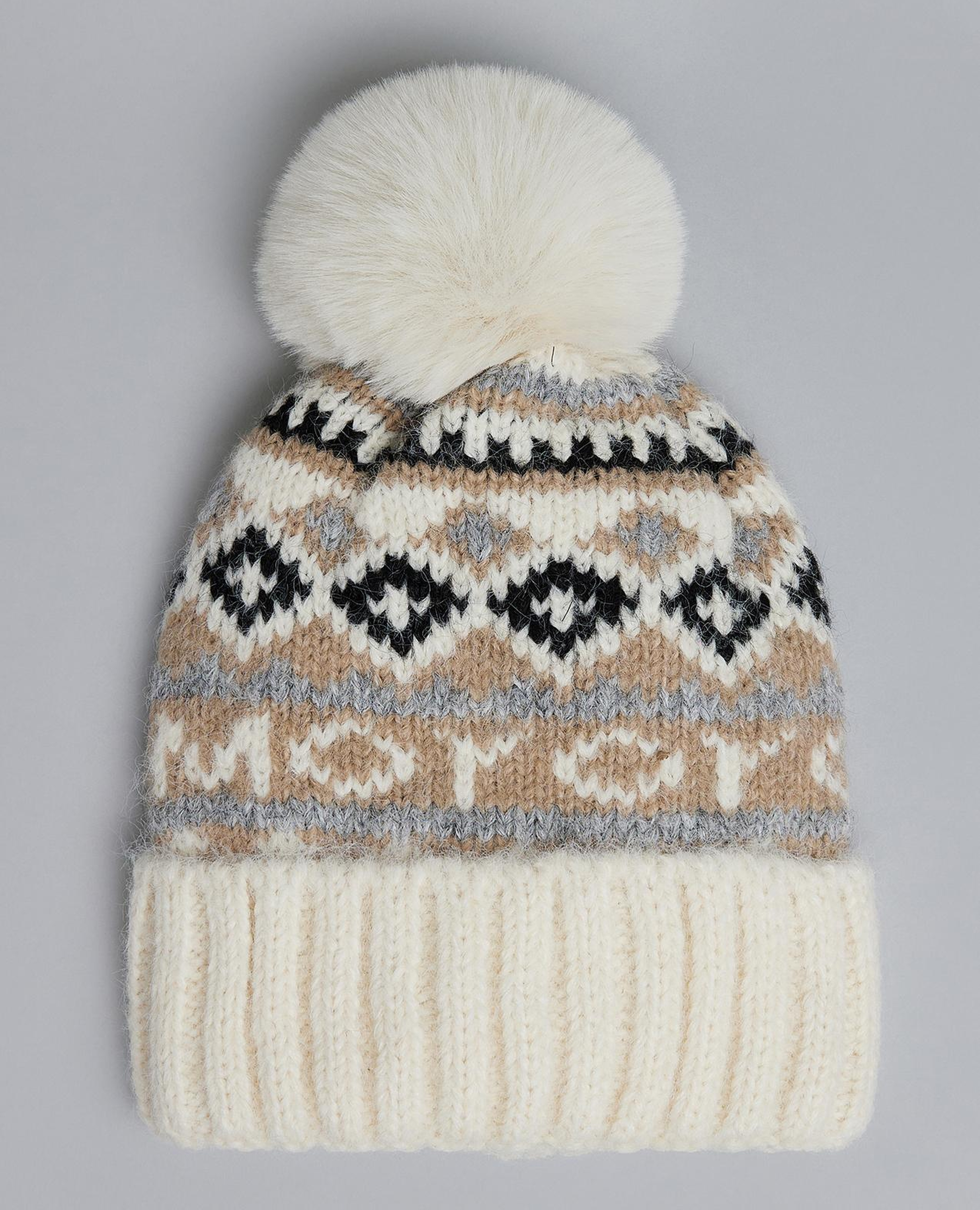 Patterned Beanie with Pom-Pom