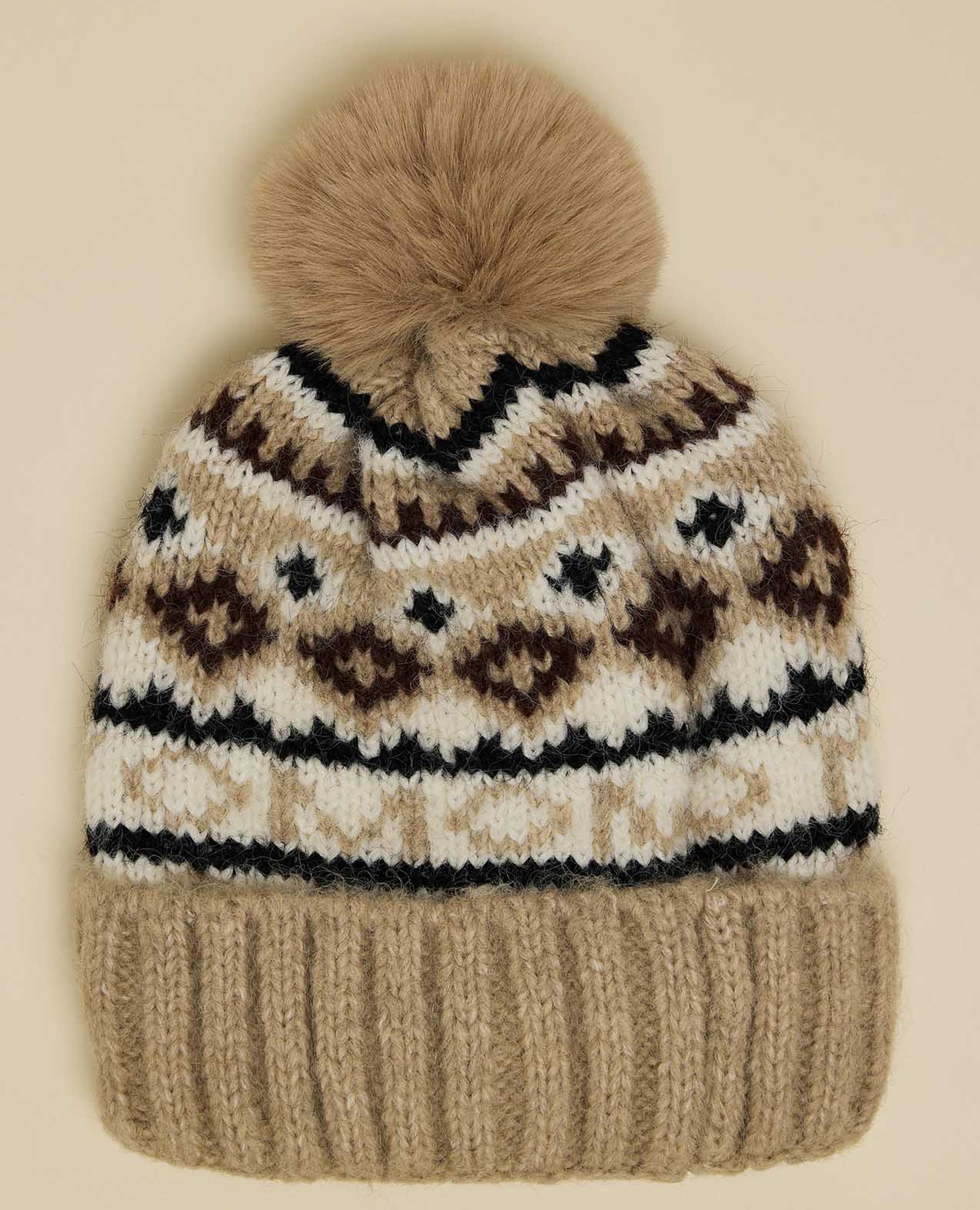 Patterned Beanie with Pom-Pom