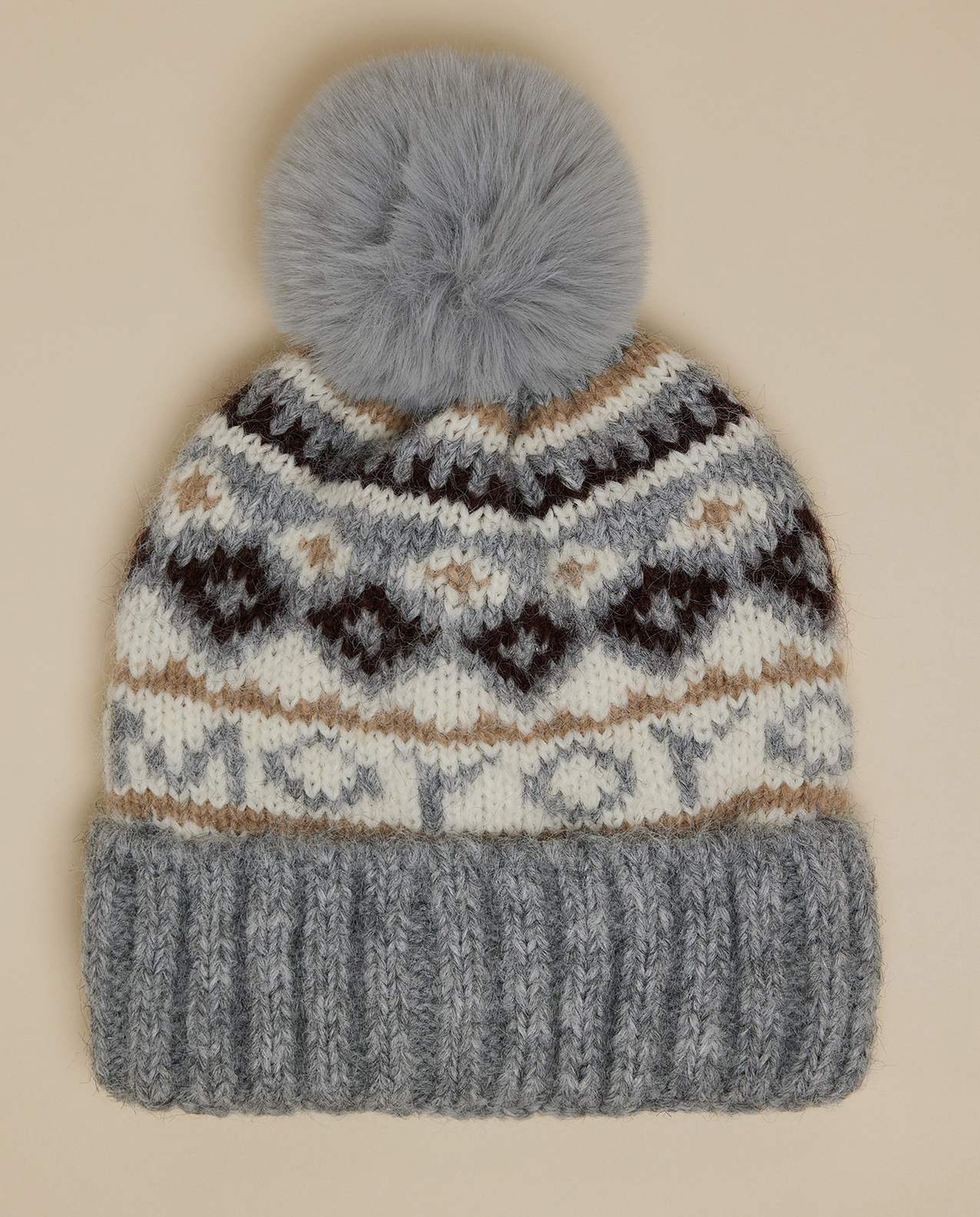 Patterned Beanie with Pom-Pom