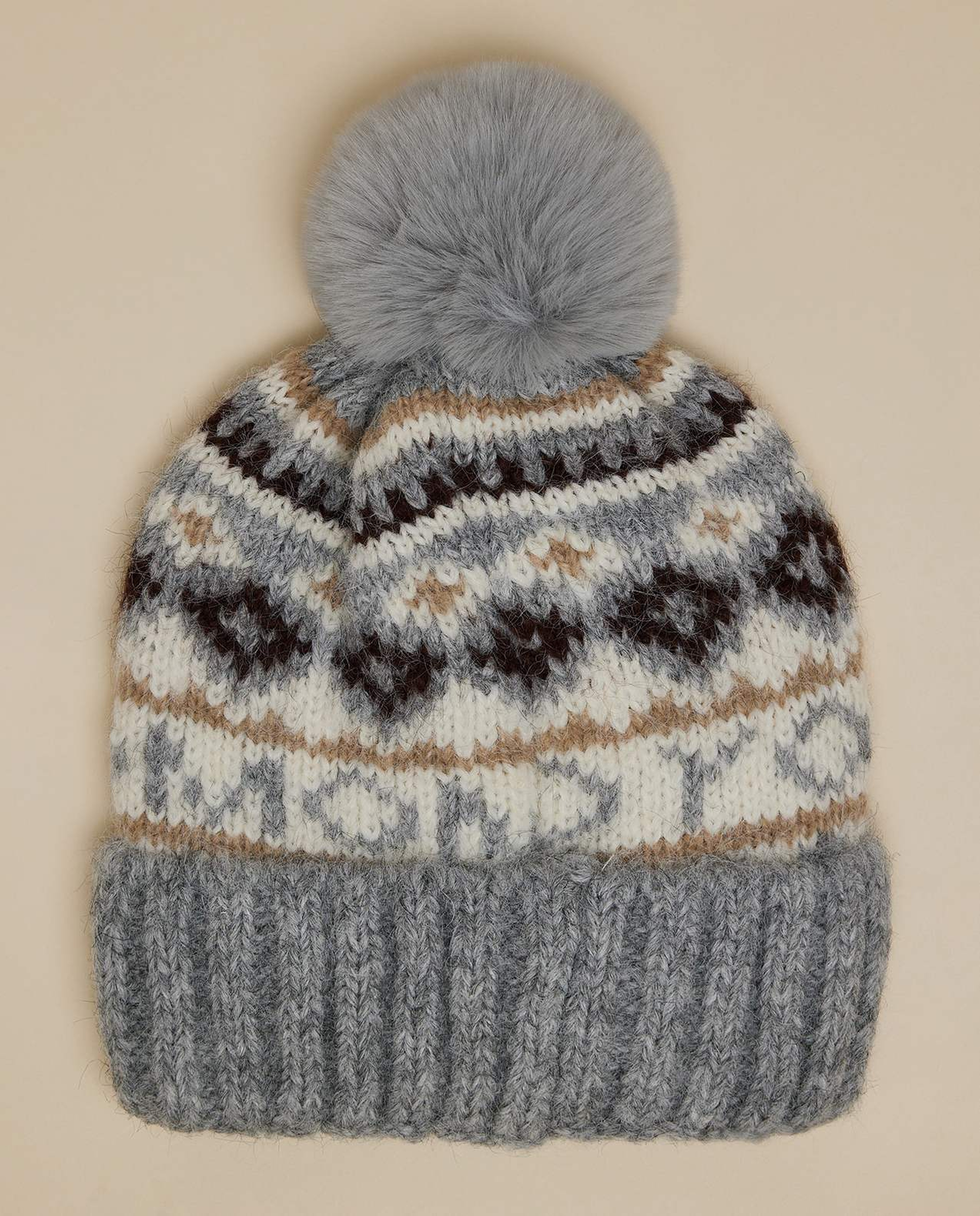 Patterned Beanie with Pom-Pom