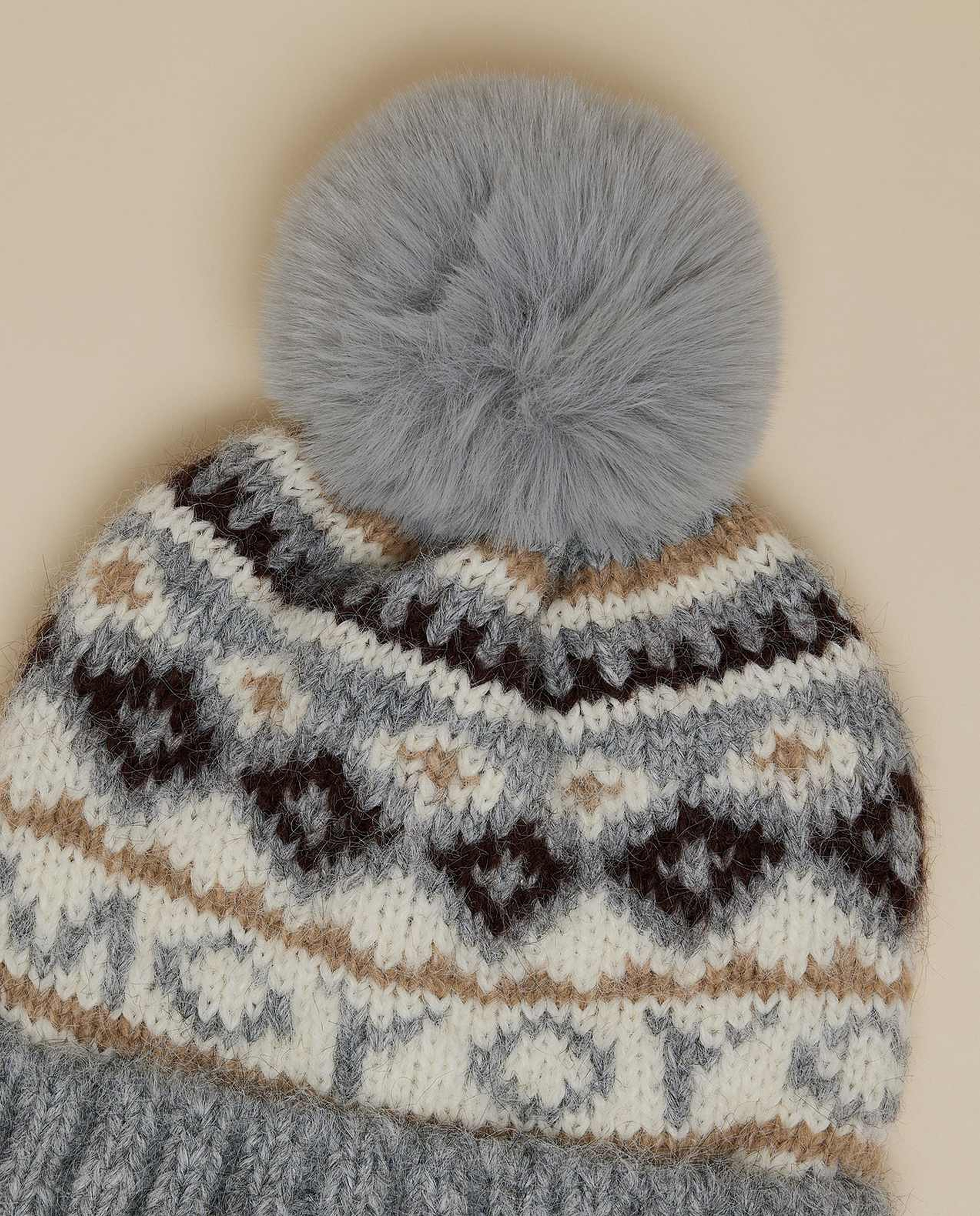 Patterned Beanie with Pom-Pom