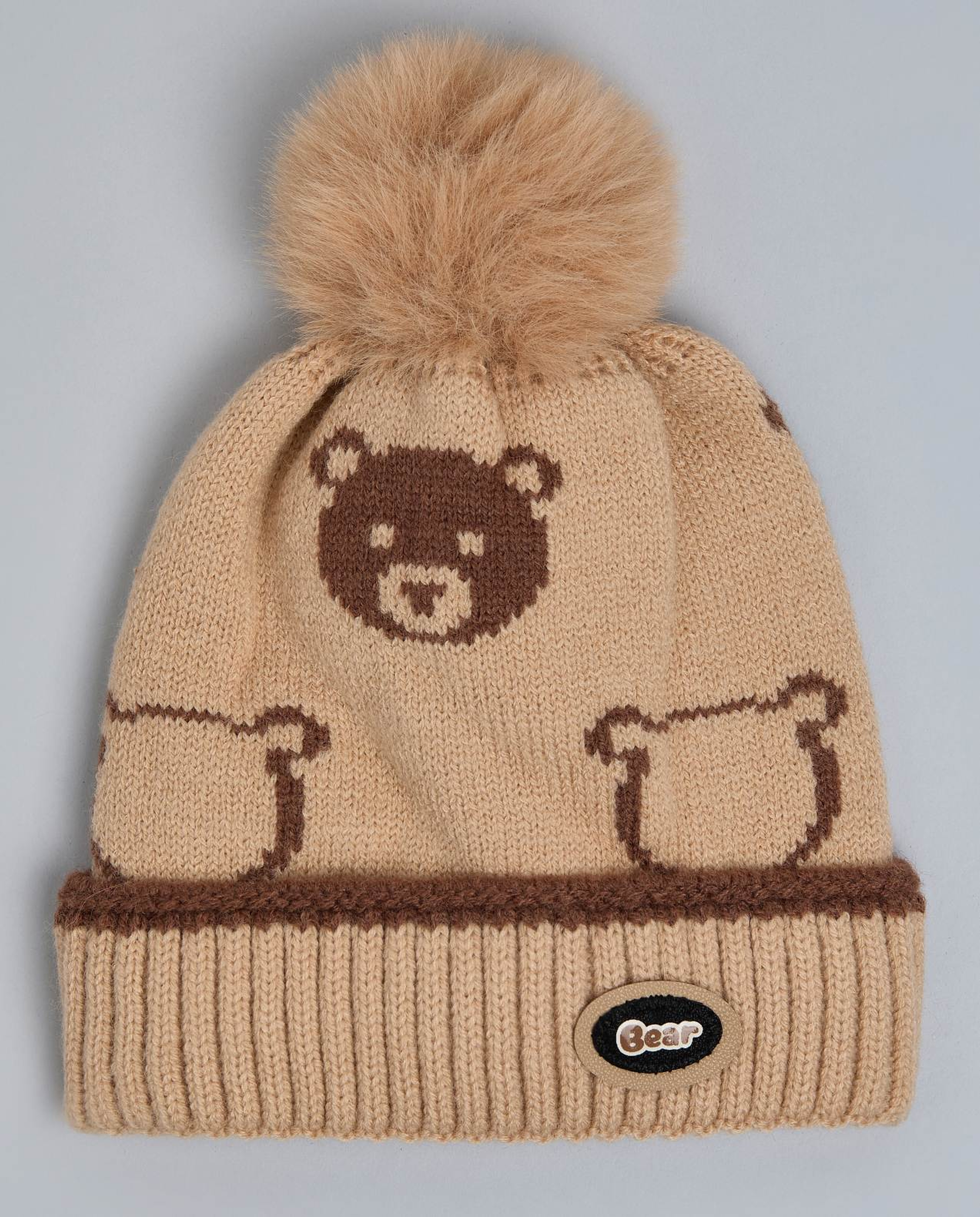 Patterned Beanie with Pom-Pom