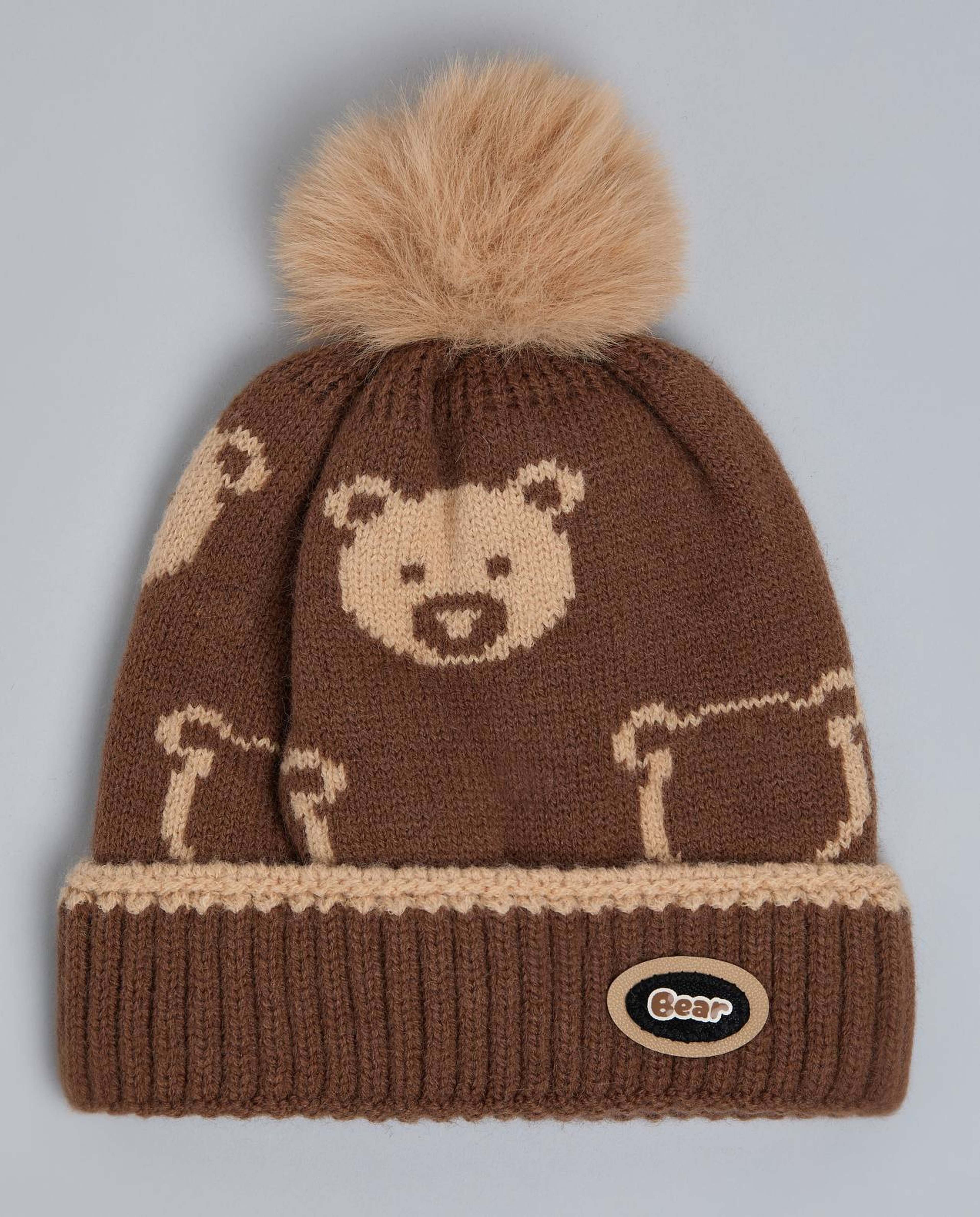 Patterned Beanie with Pom-Pom