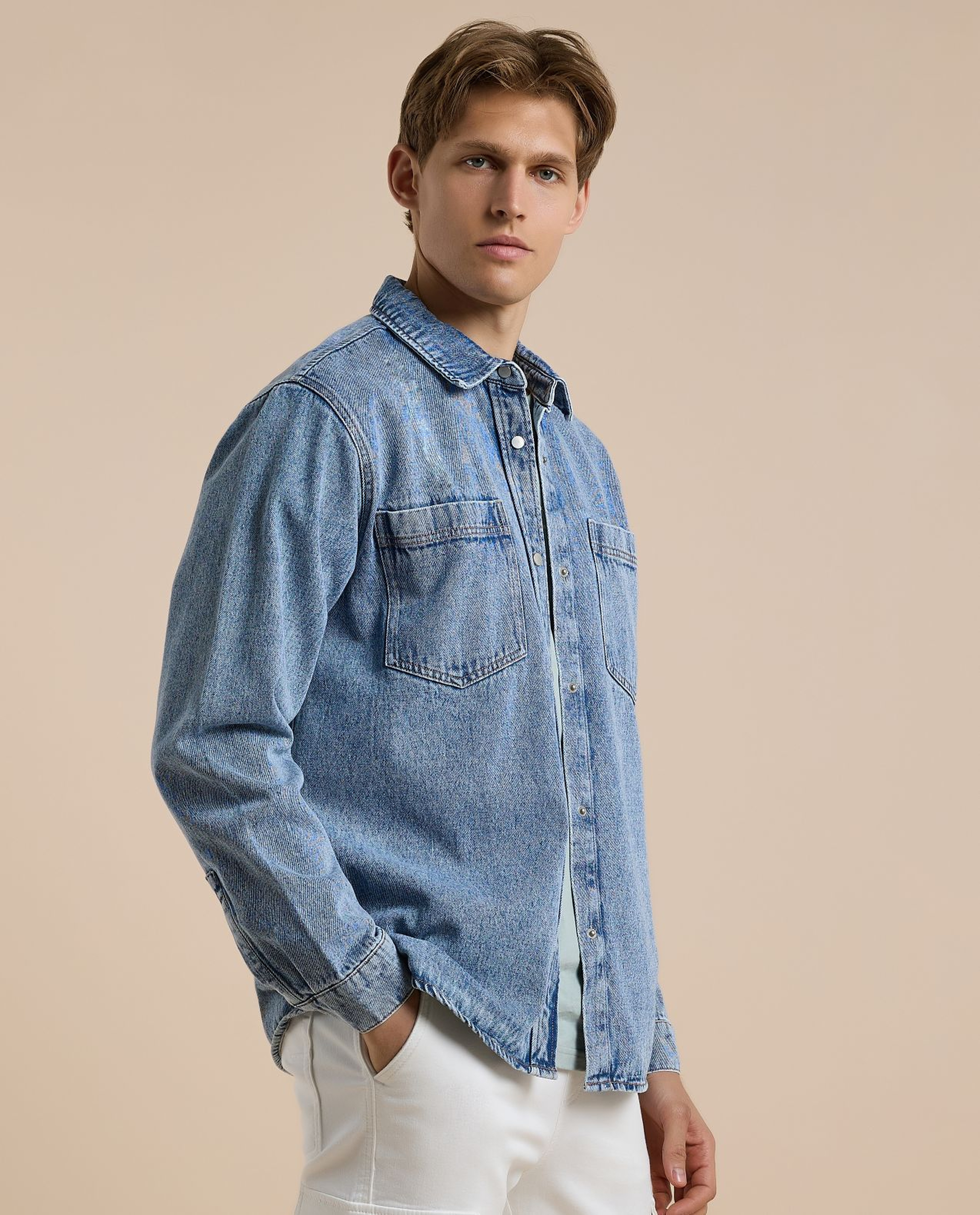 Washed Denim Shacket with Button Closure