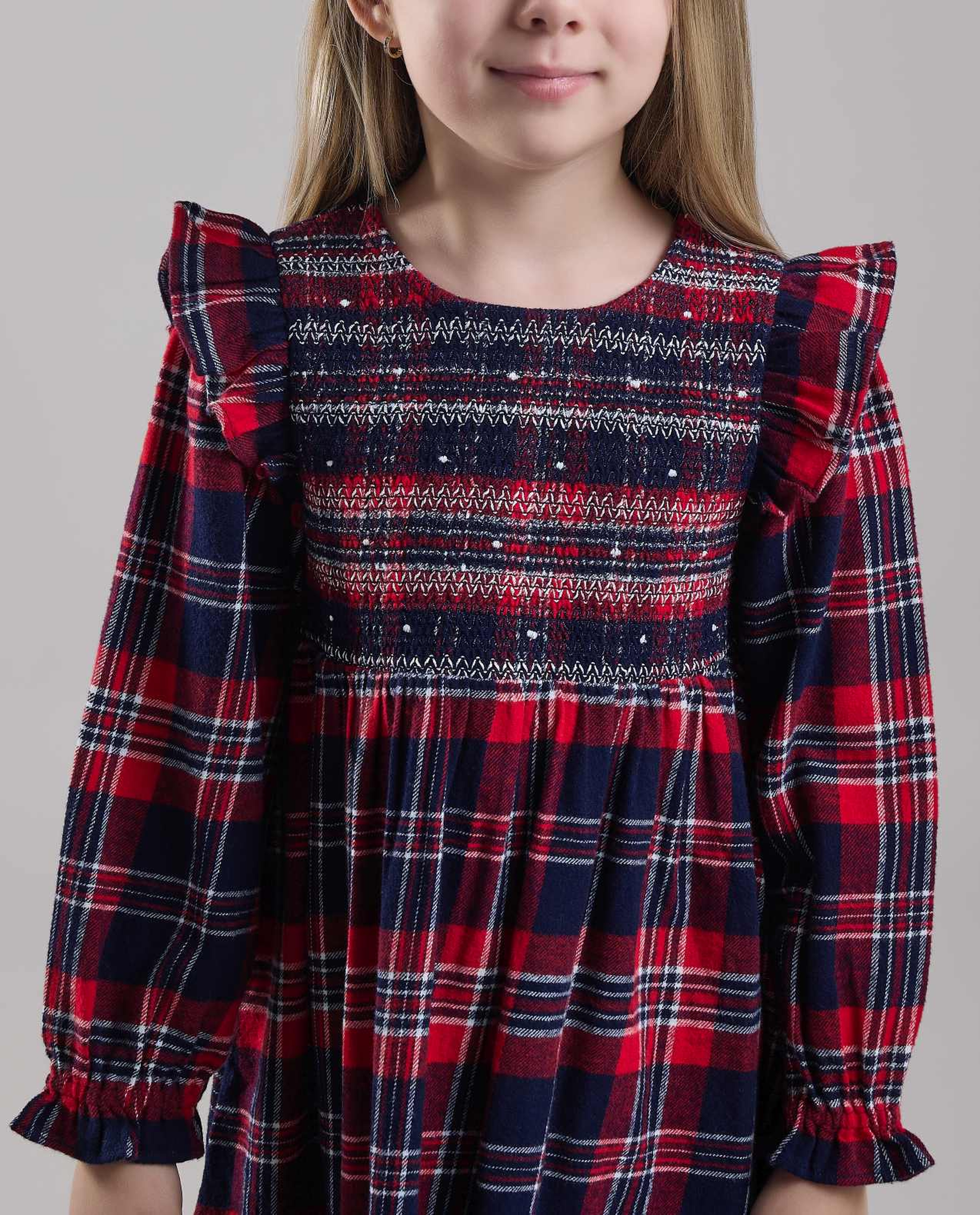 Plaid Fit & Flare Dress with Crew Neck and Long Sleeves