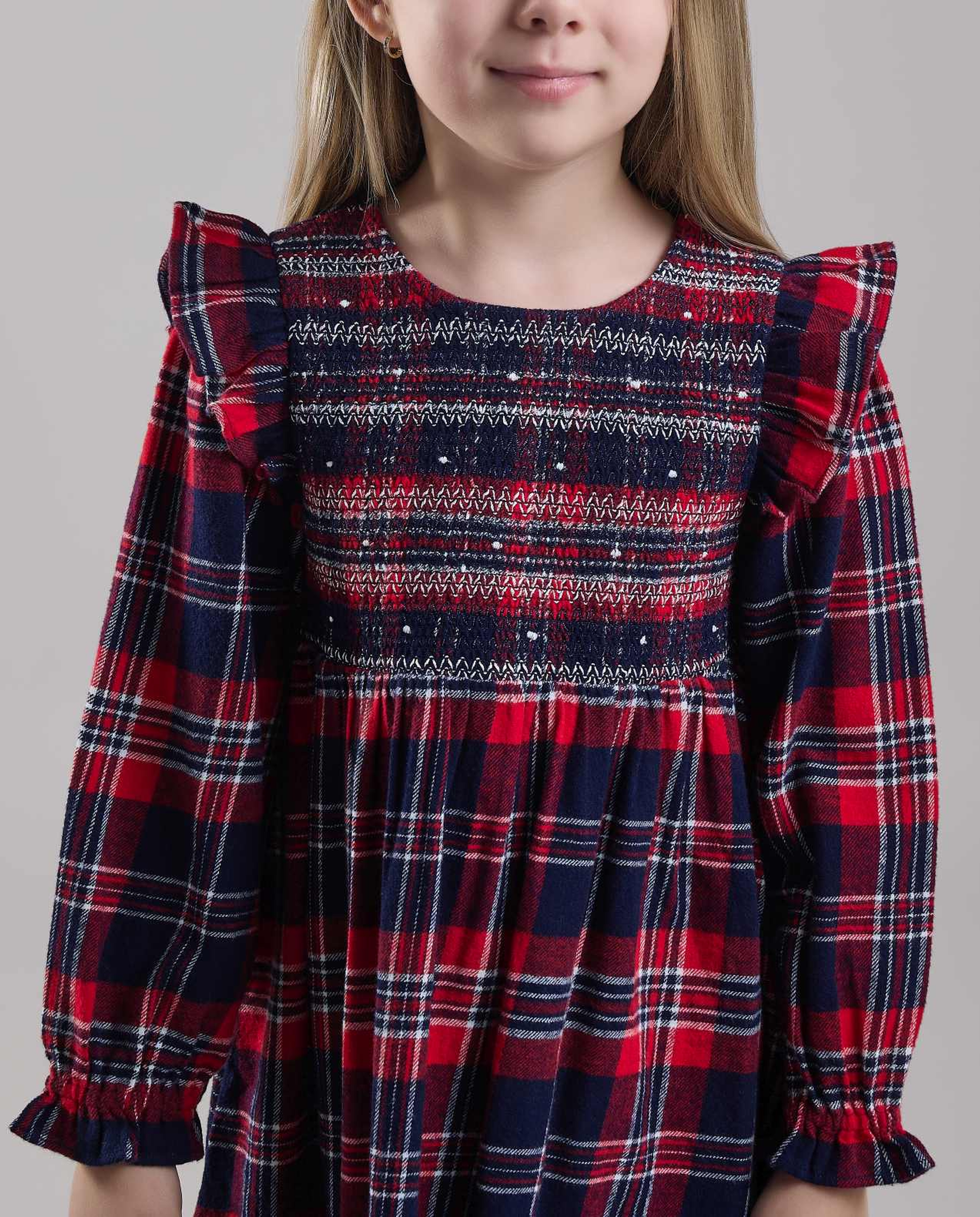 Plaid Fit & Flare Dress with Crew Neck and Long Sleeves