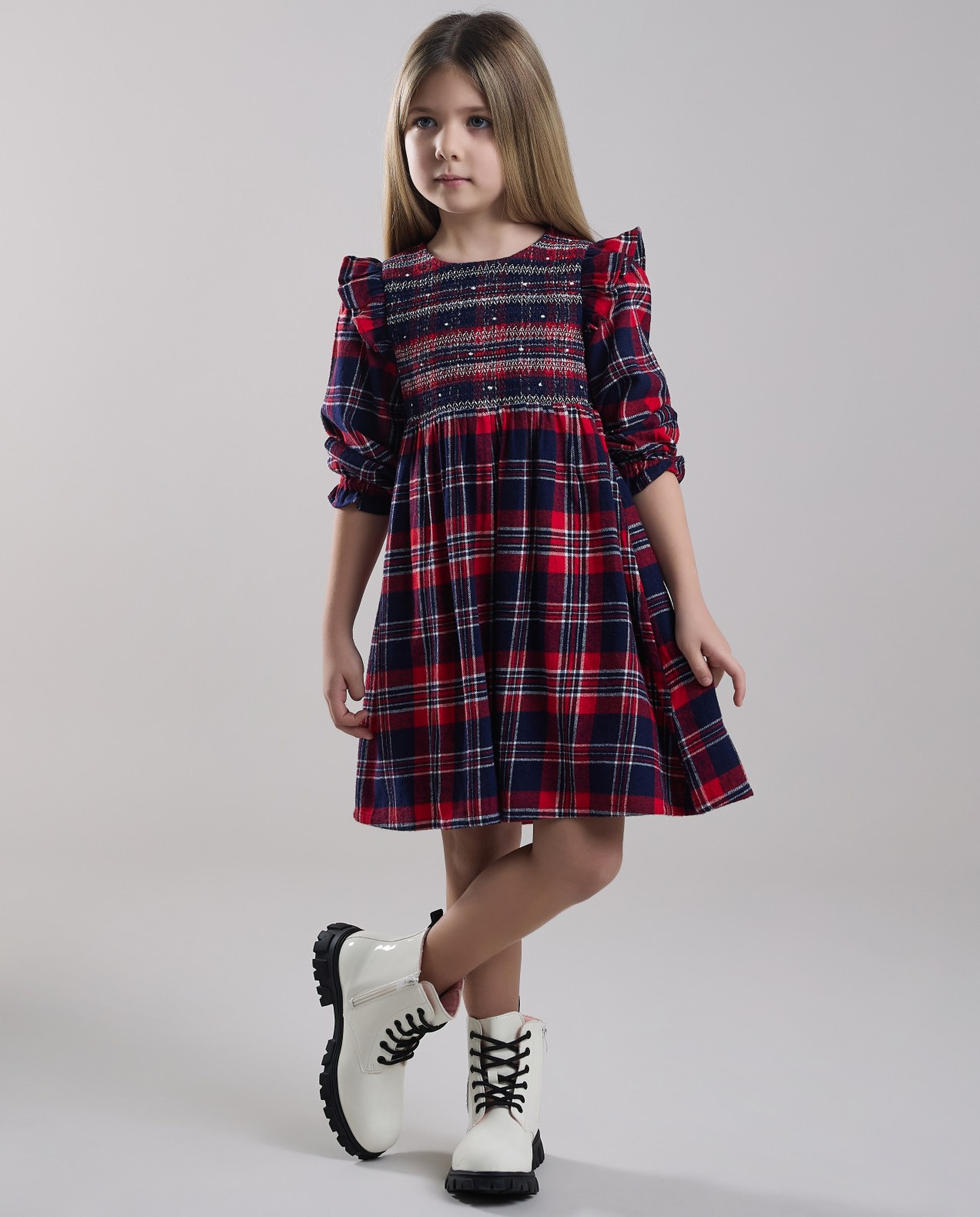 Plaid Fit & Flare Dress with Crew Neck and Long Sleeves