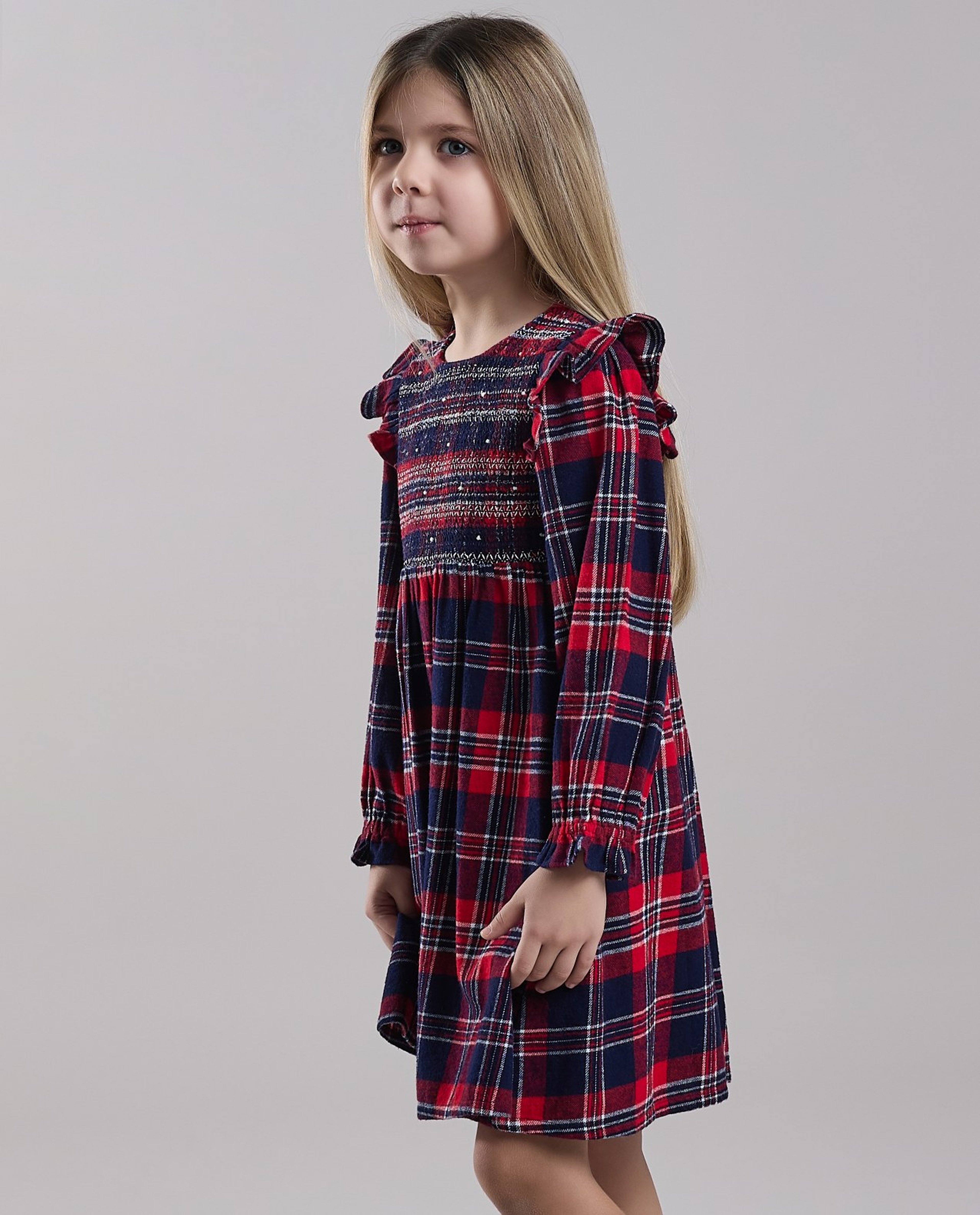 Plaid Fit & Flare Dress with Crew Neck and Long Sleeves