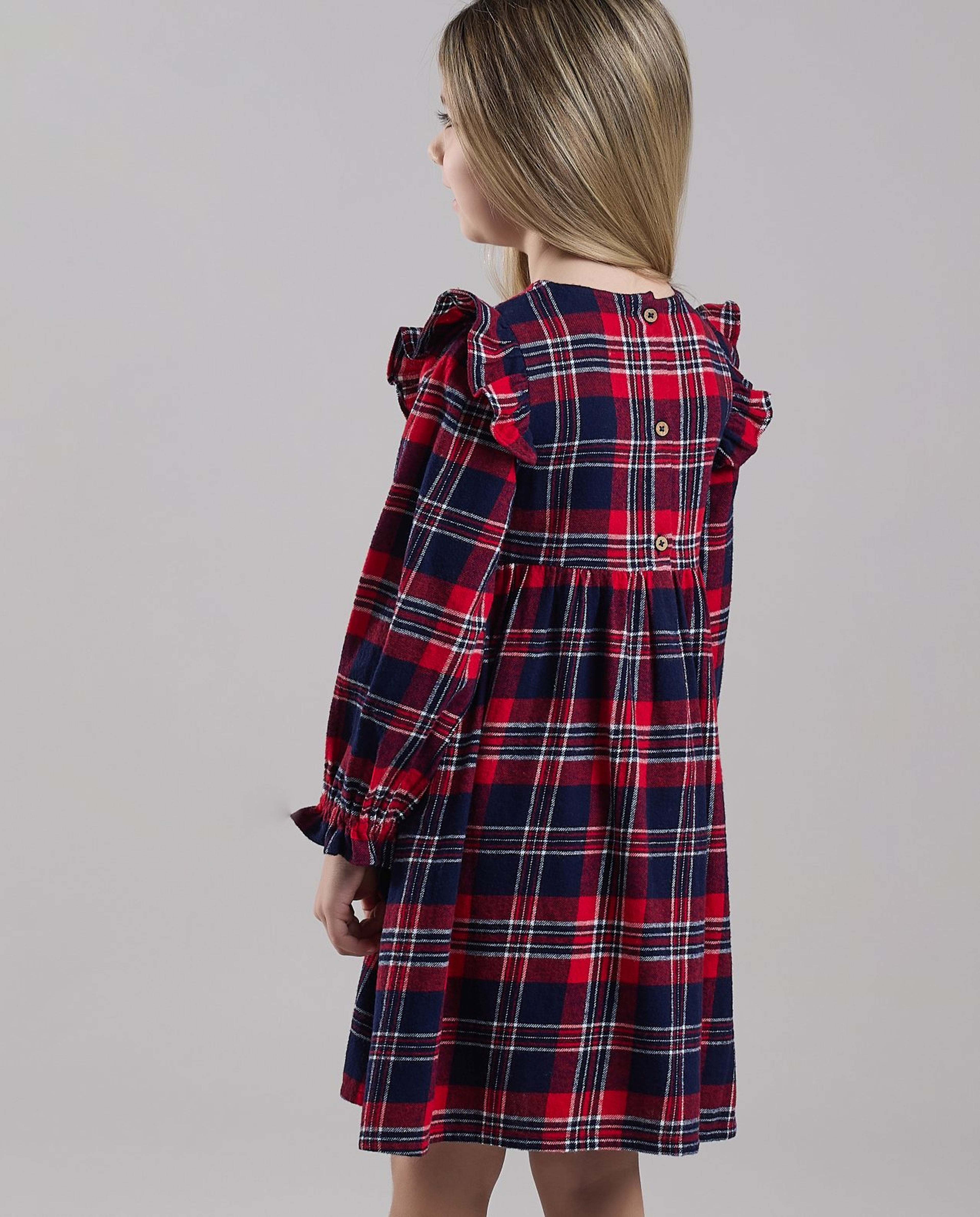 Plaid Fit & Flare Dress with Crew Neck and Long Sleeves