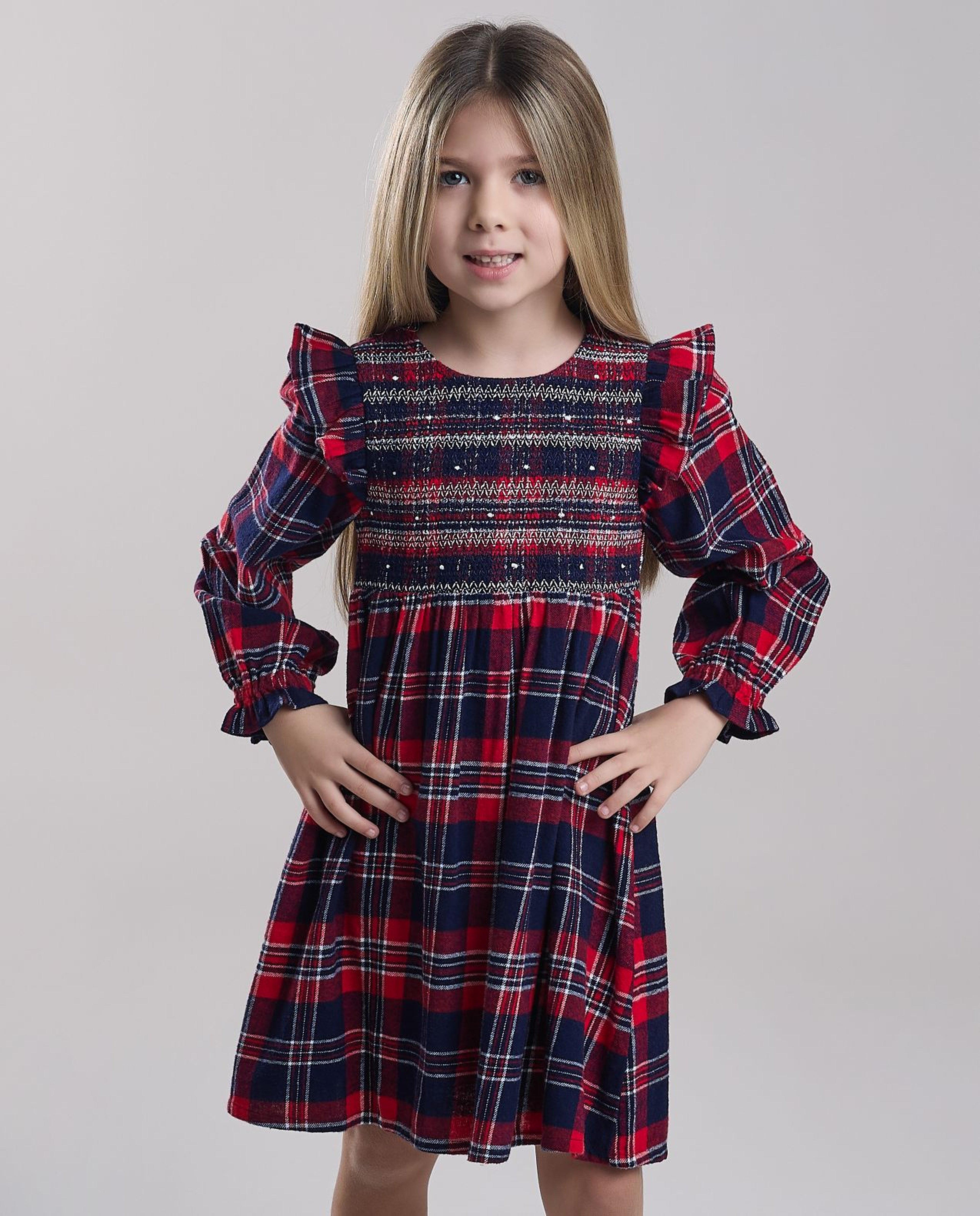 Plaid Fit & Flare Dress with Crew Neck and Long Sleeves