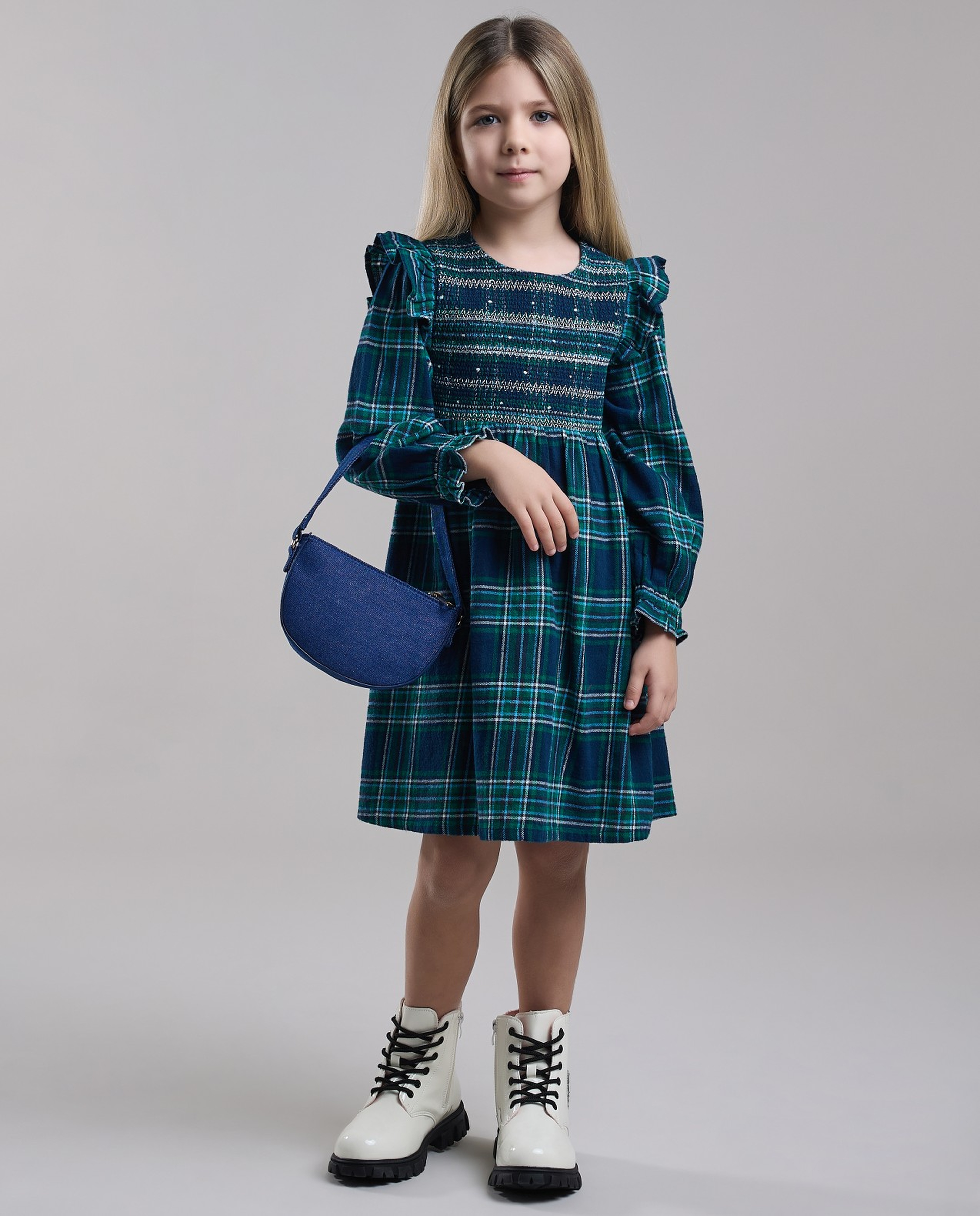 Plaid Fit & Flare Dress with Crew Neck and Long Sleeves