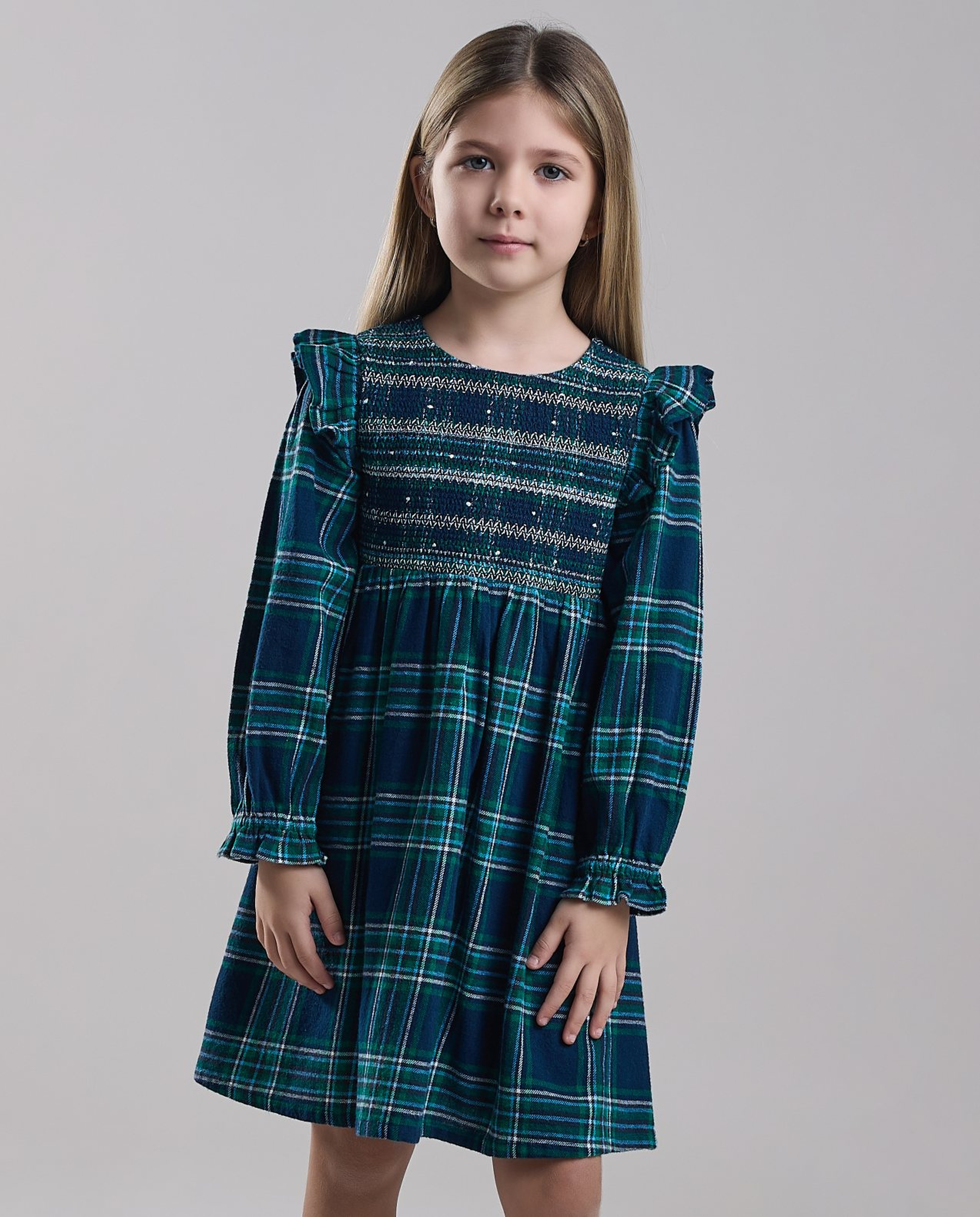 Plaid Fit & Flare Dress with Crew Neck and Long Sleeves
