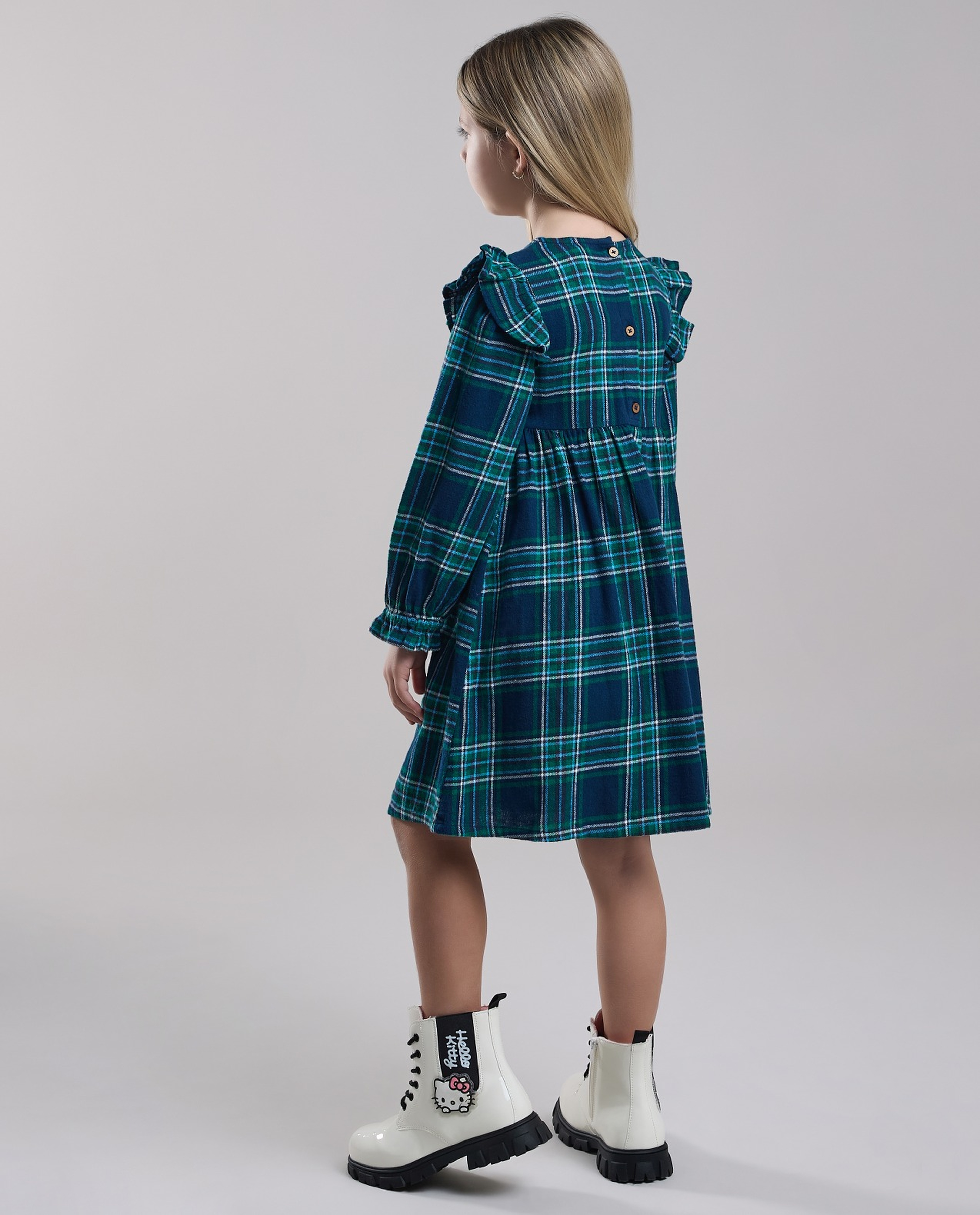 Plaid Fit & Flare Dress with Crew Neck and Long Sleeves