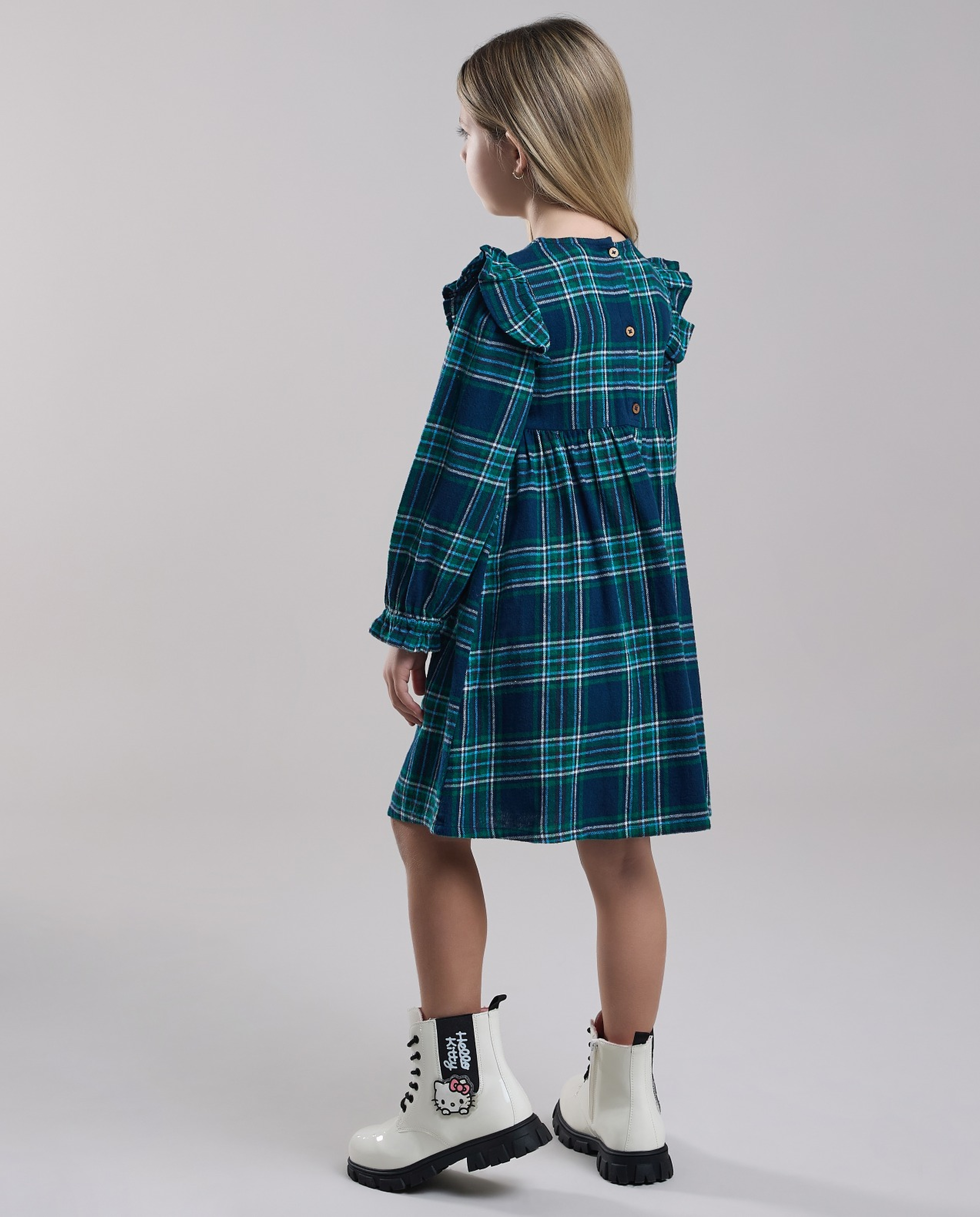 Plaid Fit & Flare Dress with Crew Neck and Long Sleeves