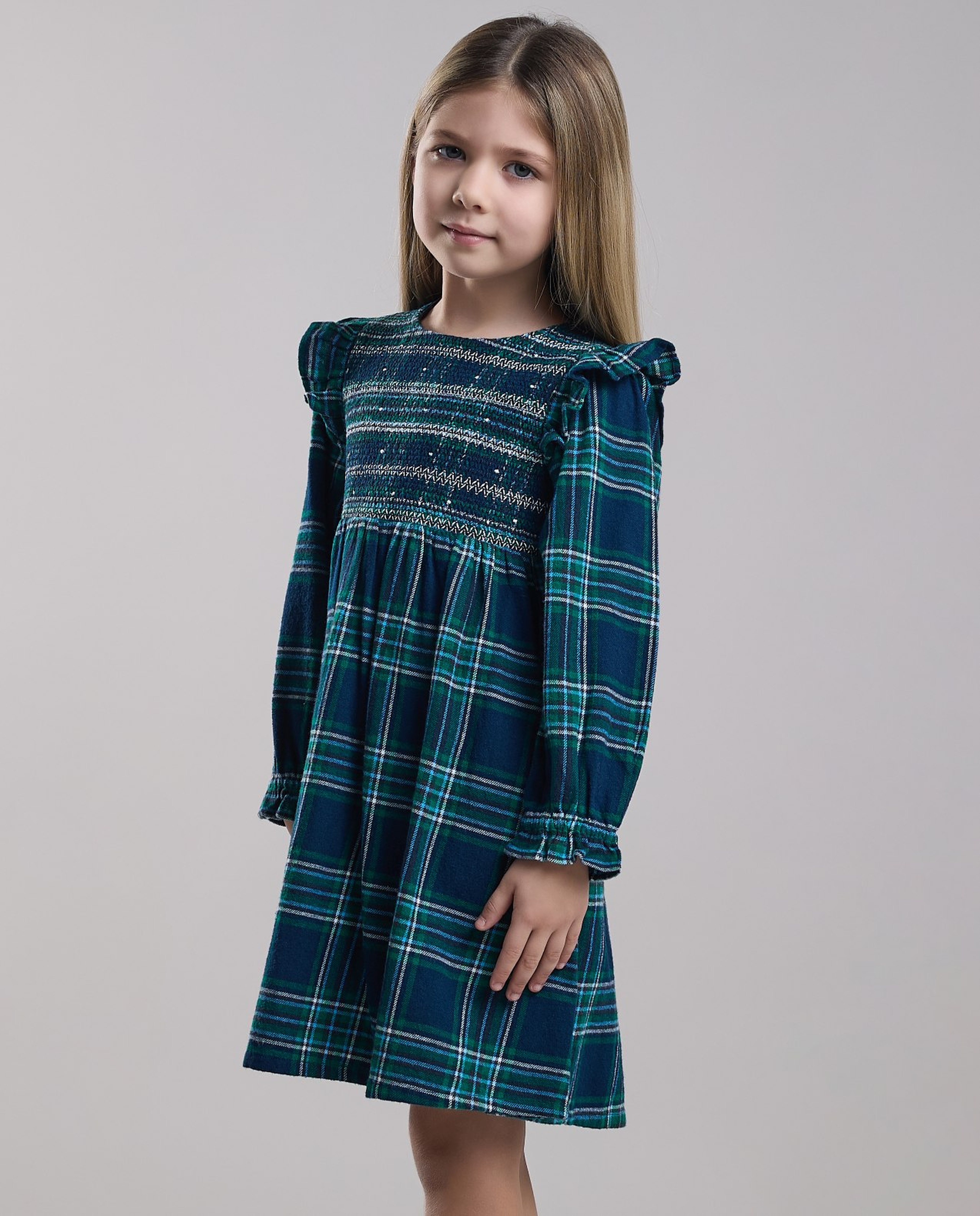 Plaid Fit & Flare Dress with Crew Neck and Long Sleeves