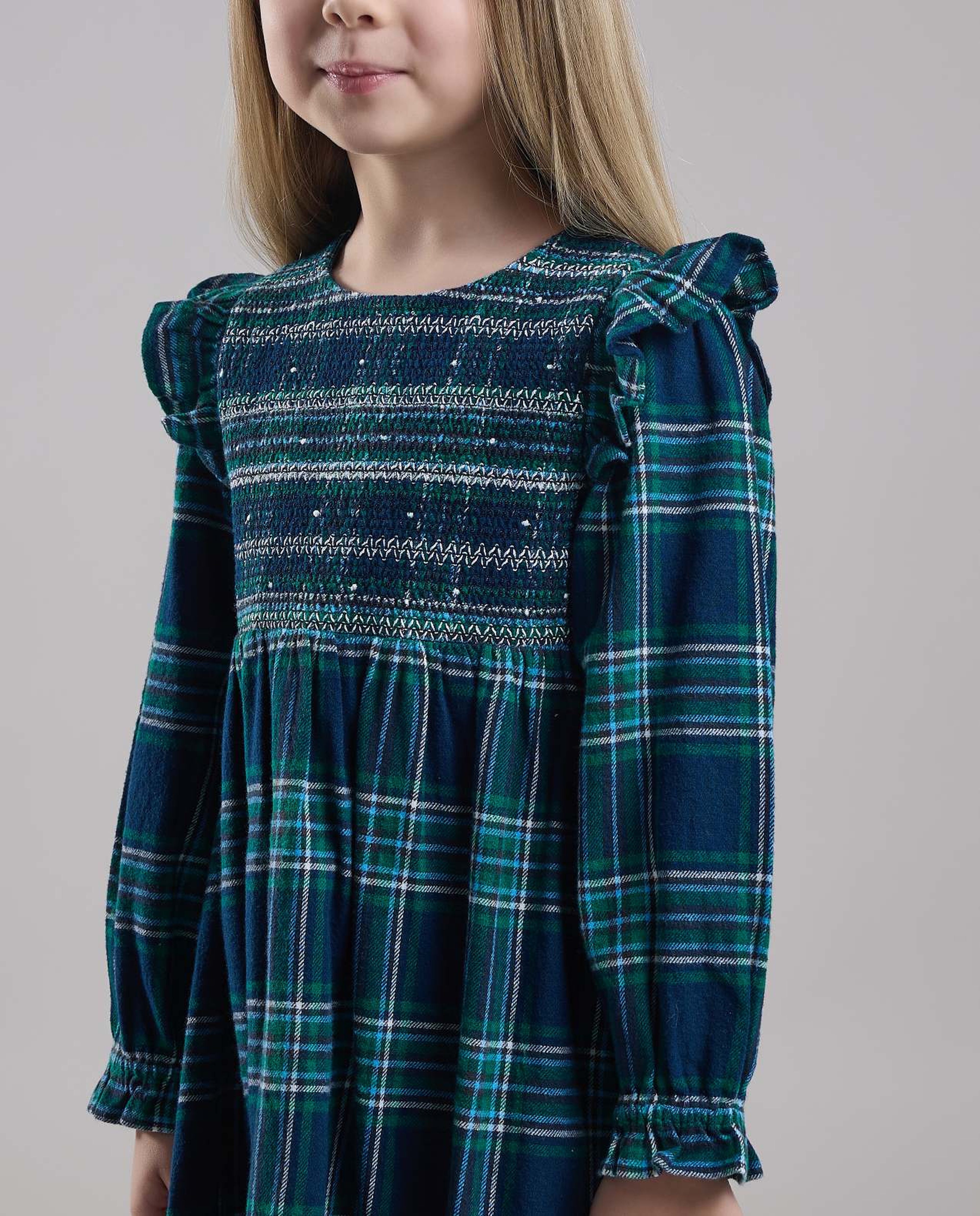 Plaid Fit & Flare Dress with Crew Neck and Long Sleeves