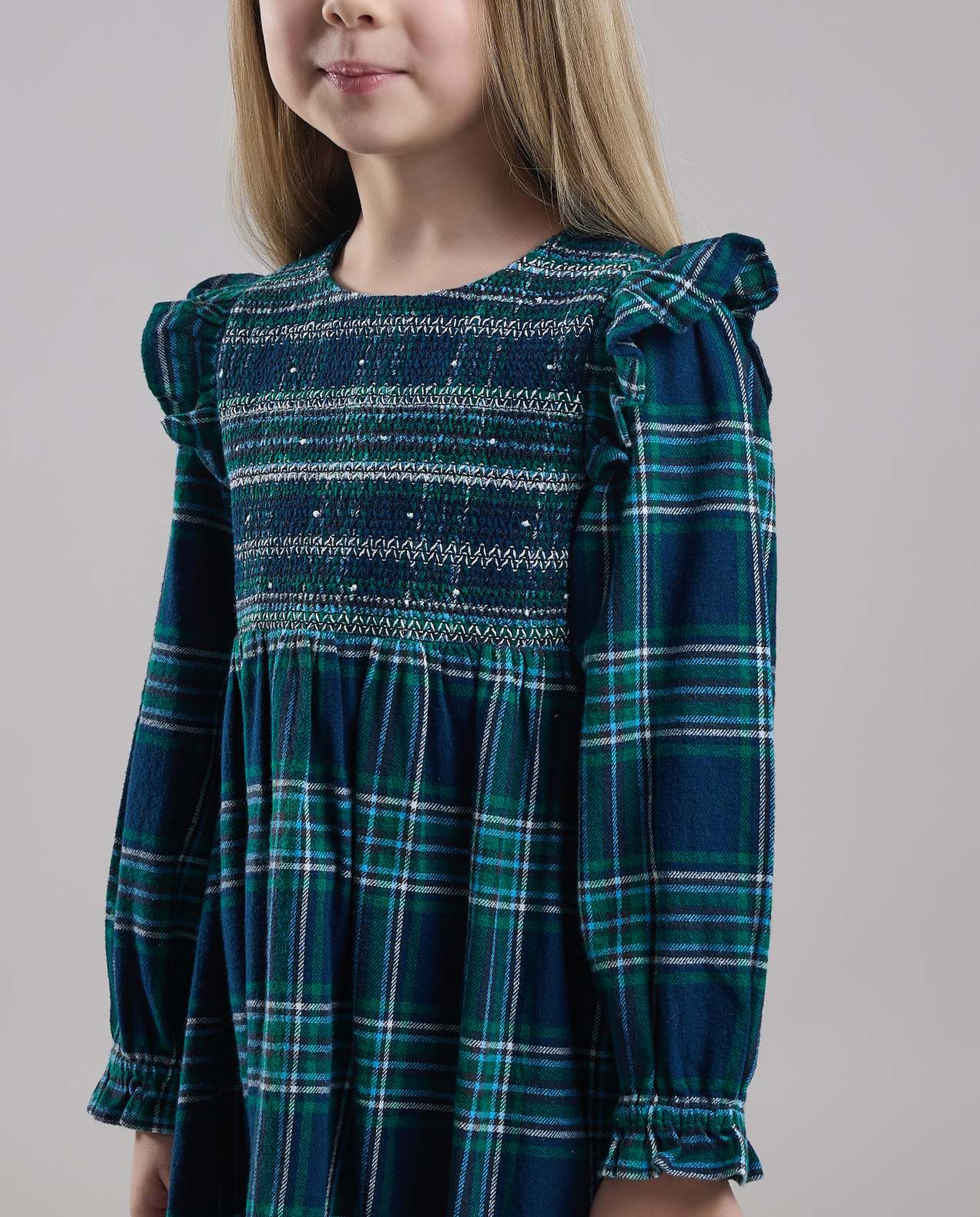 Plaid Fit & Flare Dress with Crew Neck and Long Sleeves