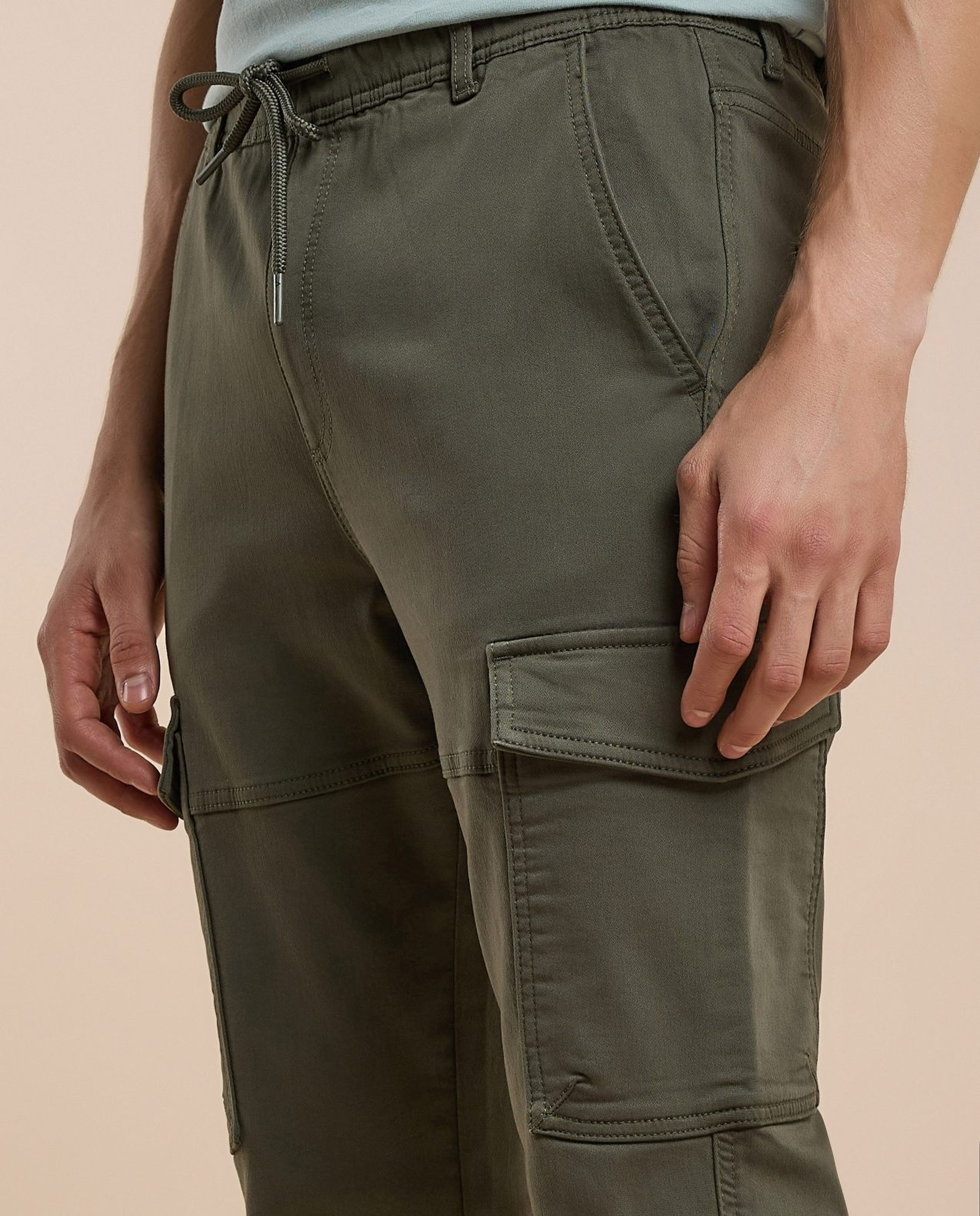 Solid Cargo Pants with Drawstring Waist