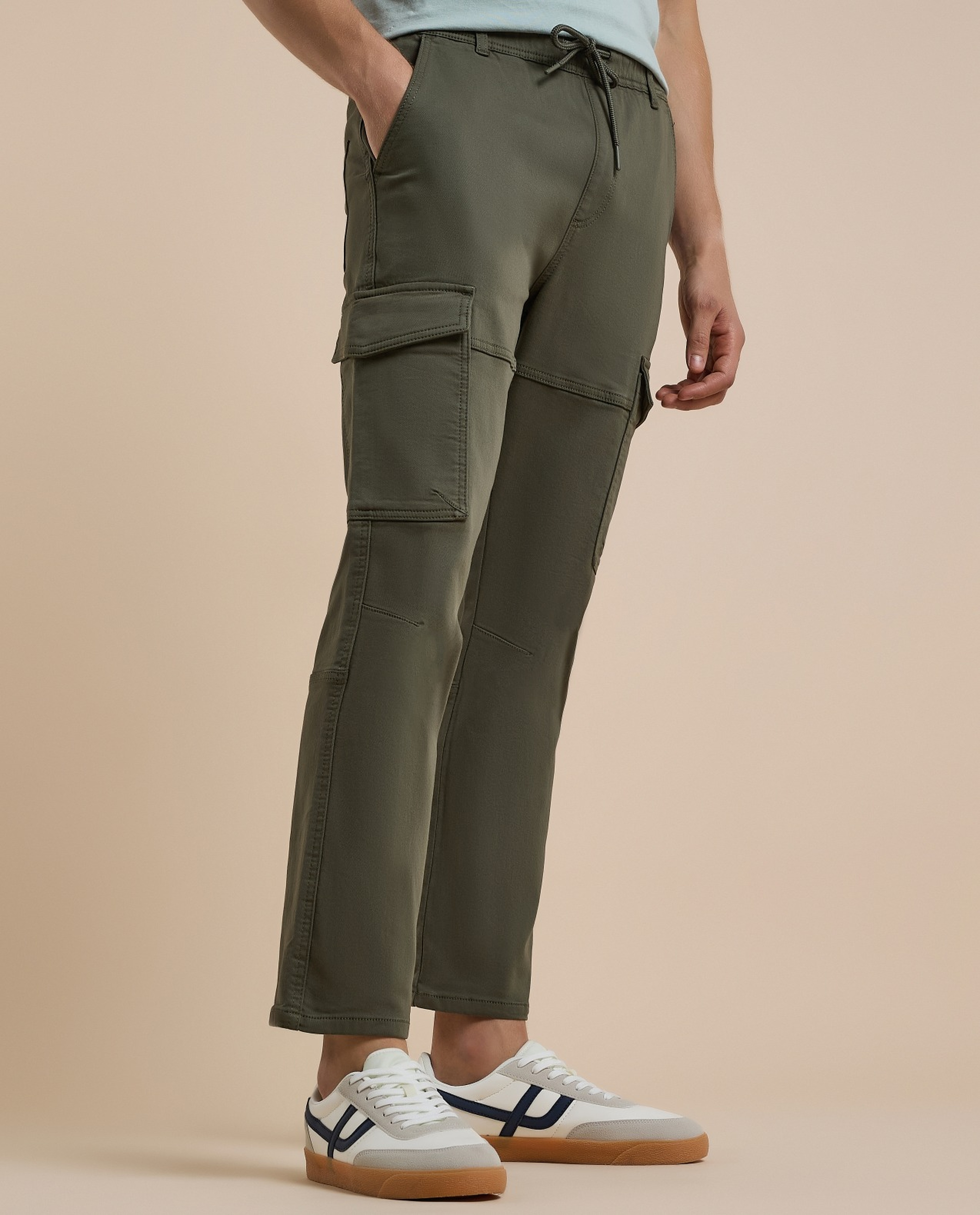 Solid Cargo Pants with Drawstring Waist