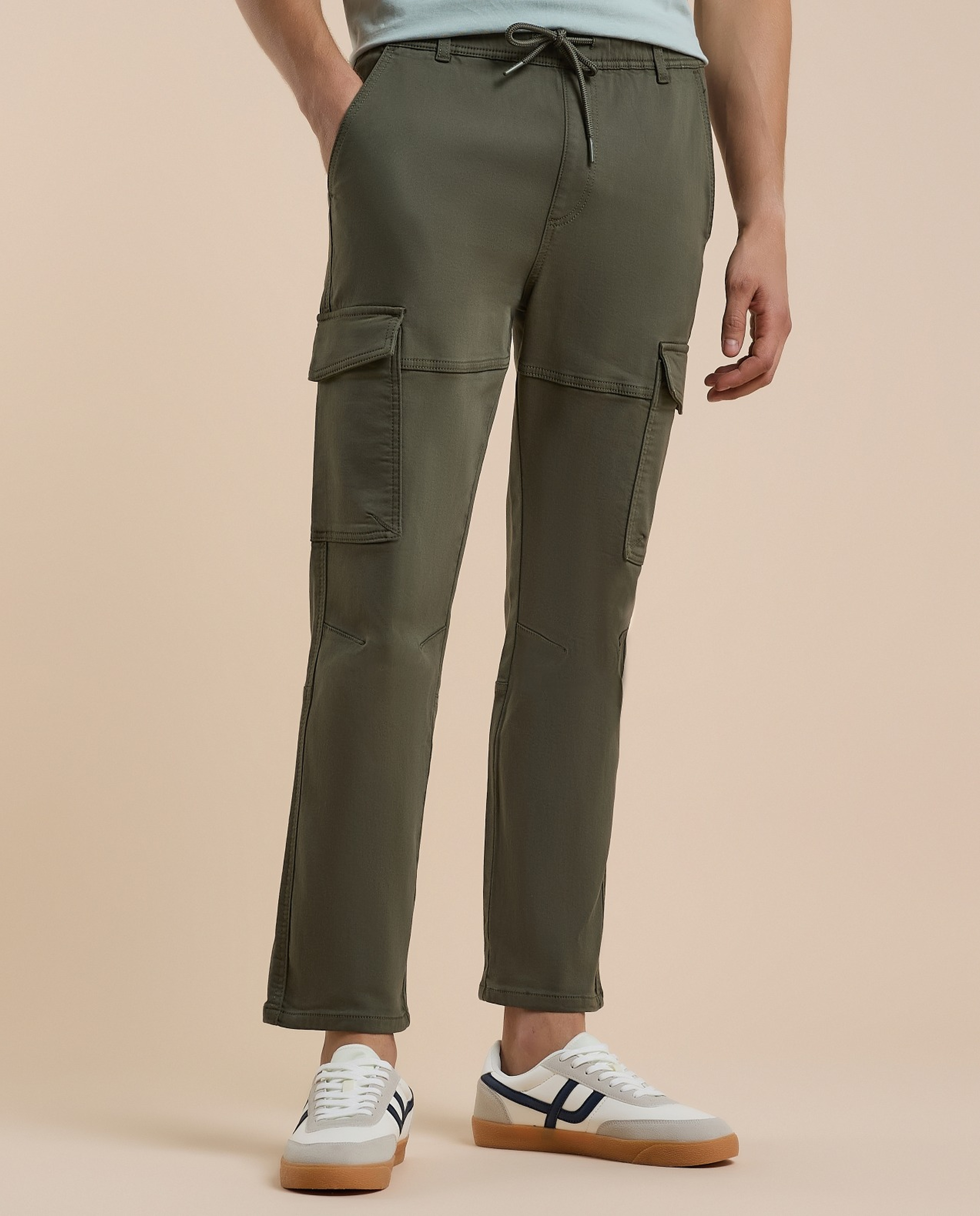 Solid Cargo Pants with Drawstring Waist