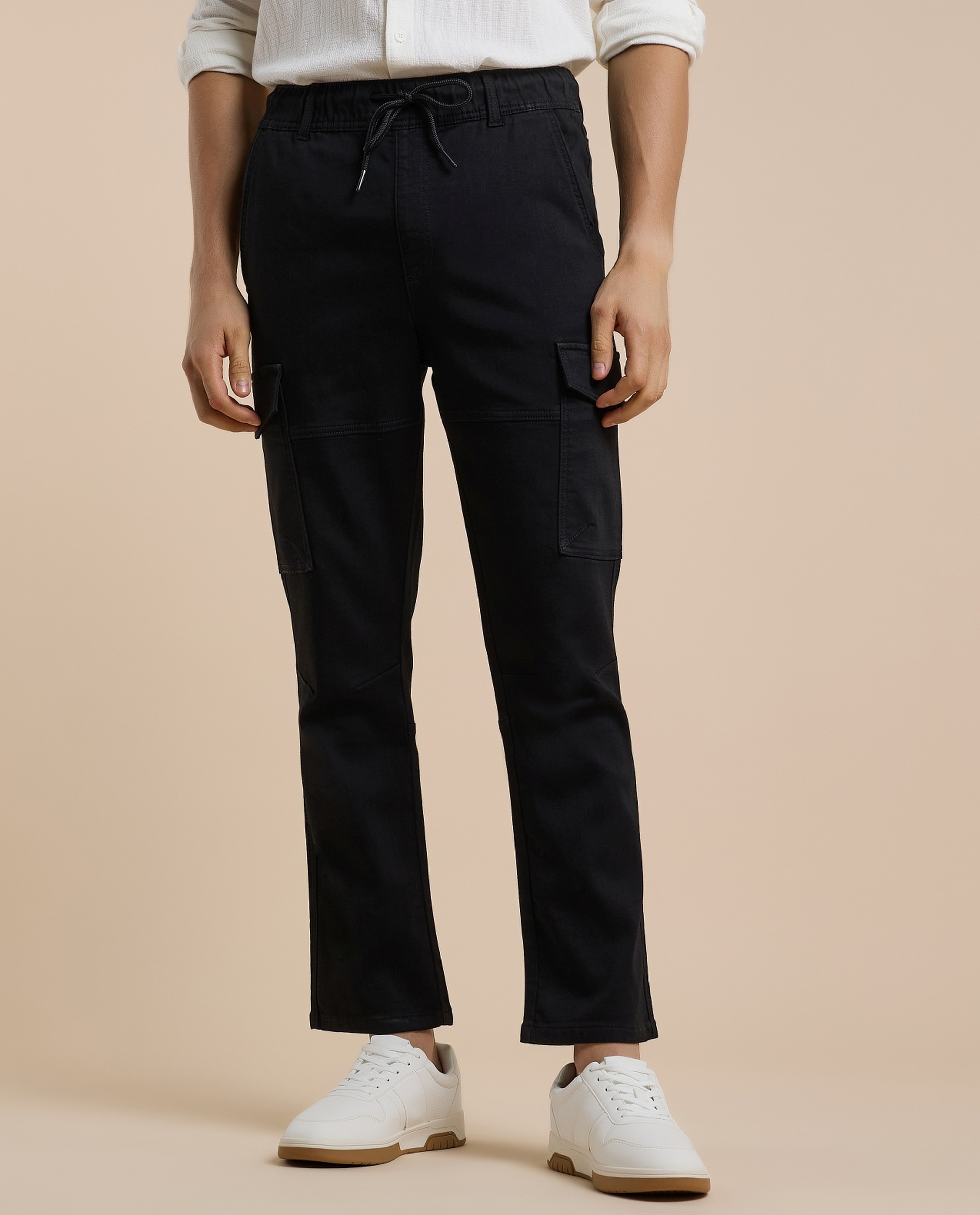 Solid Cargo Pants with Drawstring Waist