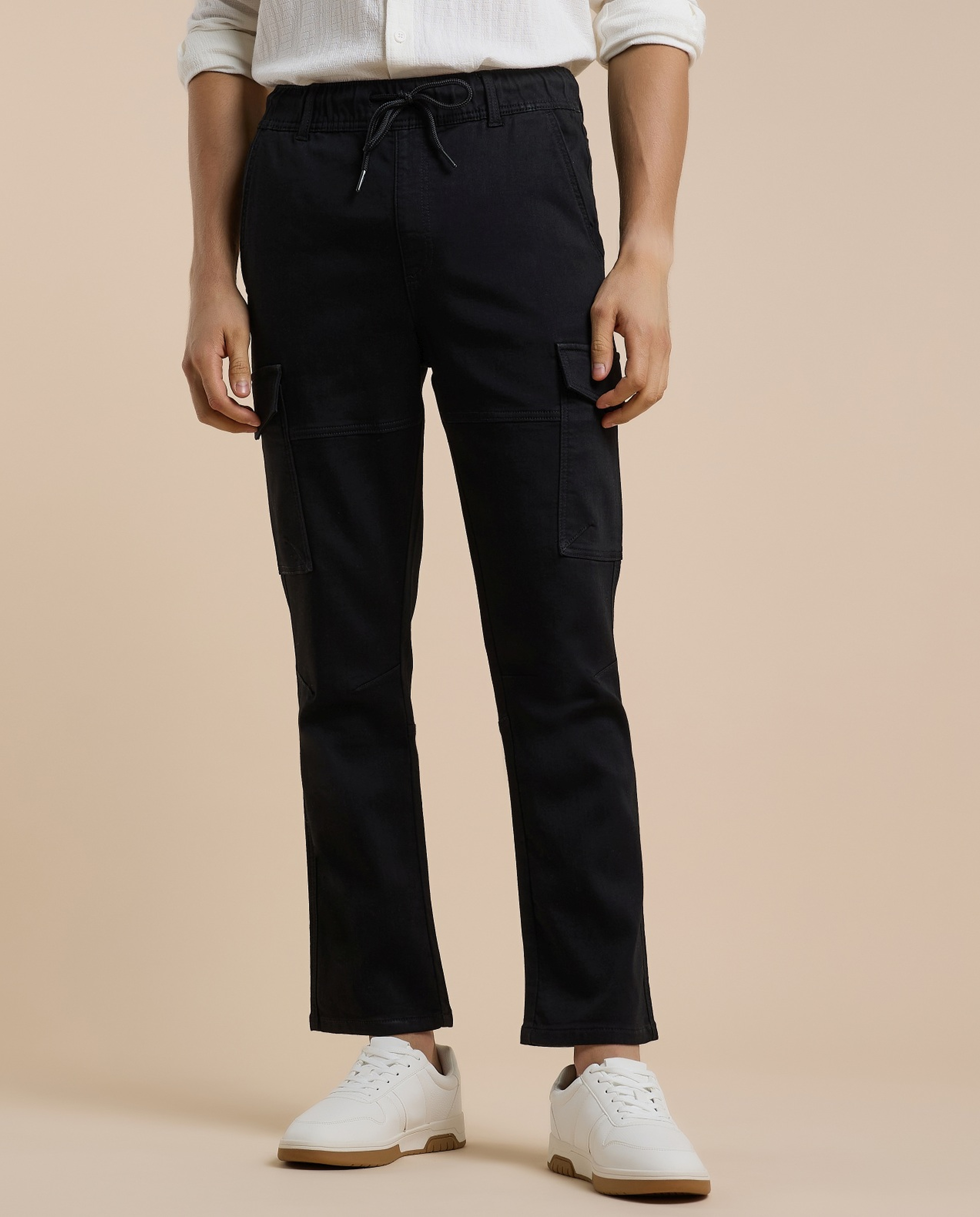 Solid Cargo Pants with Drawstring Waist