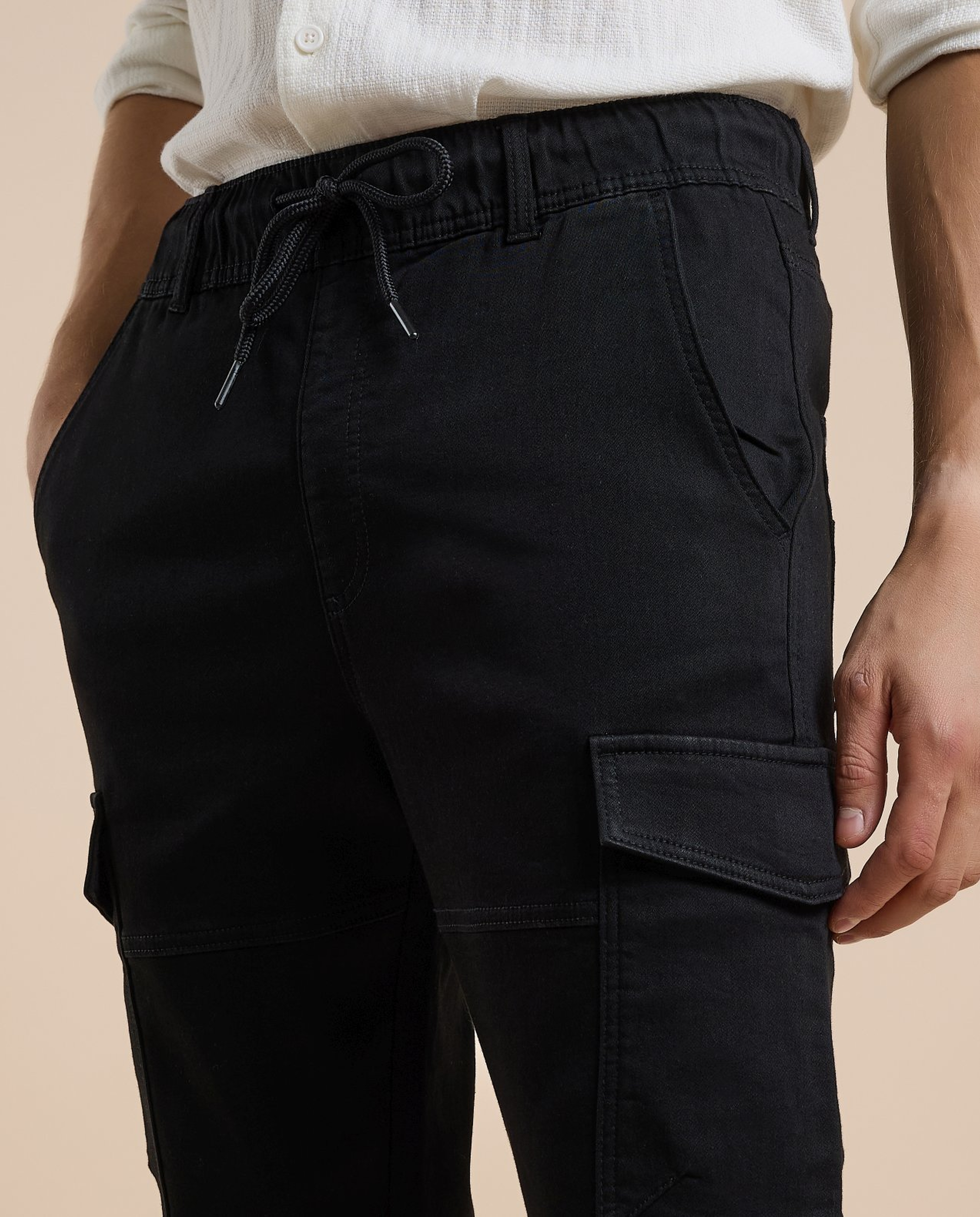 Solid Cargo Pants with Drawstring Waist