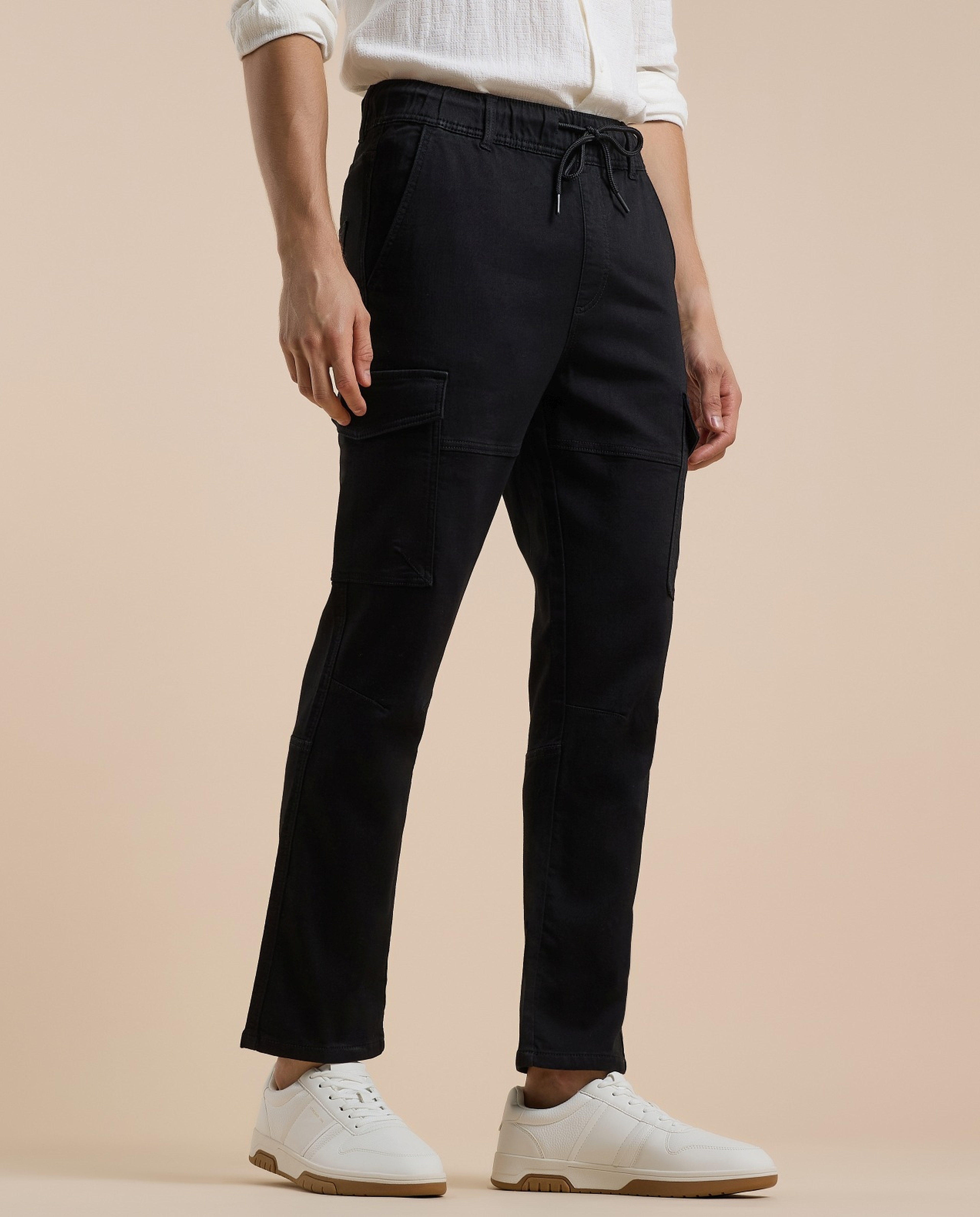 Solid Cargo Pants with Drawstring Waist