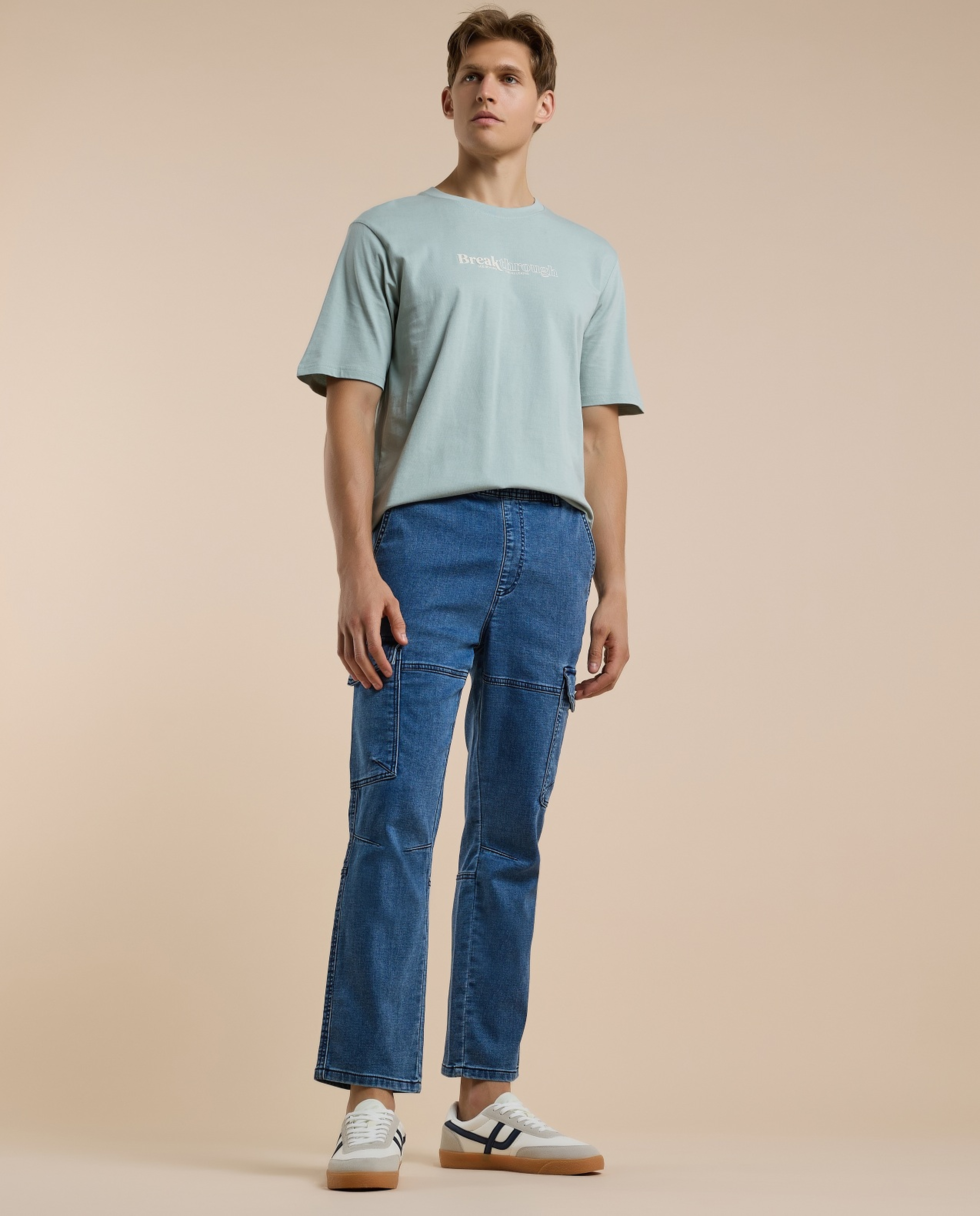 Washed Cargo Pants with Drawstring Waist