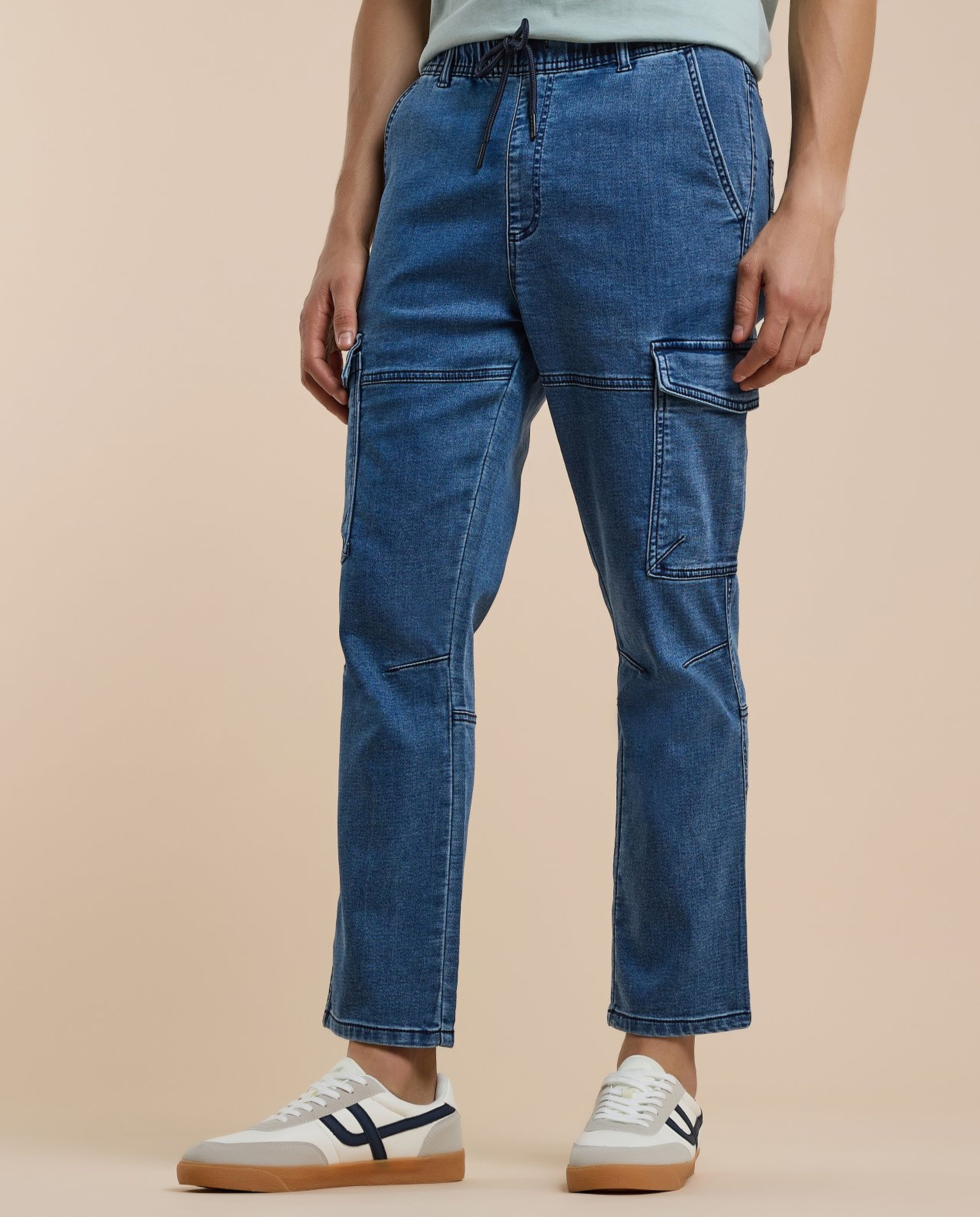 Washed Cargo Pants with Drawstring Waist