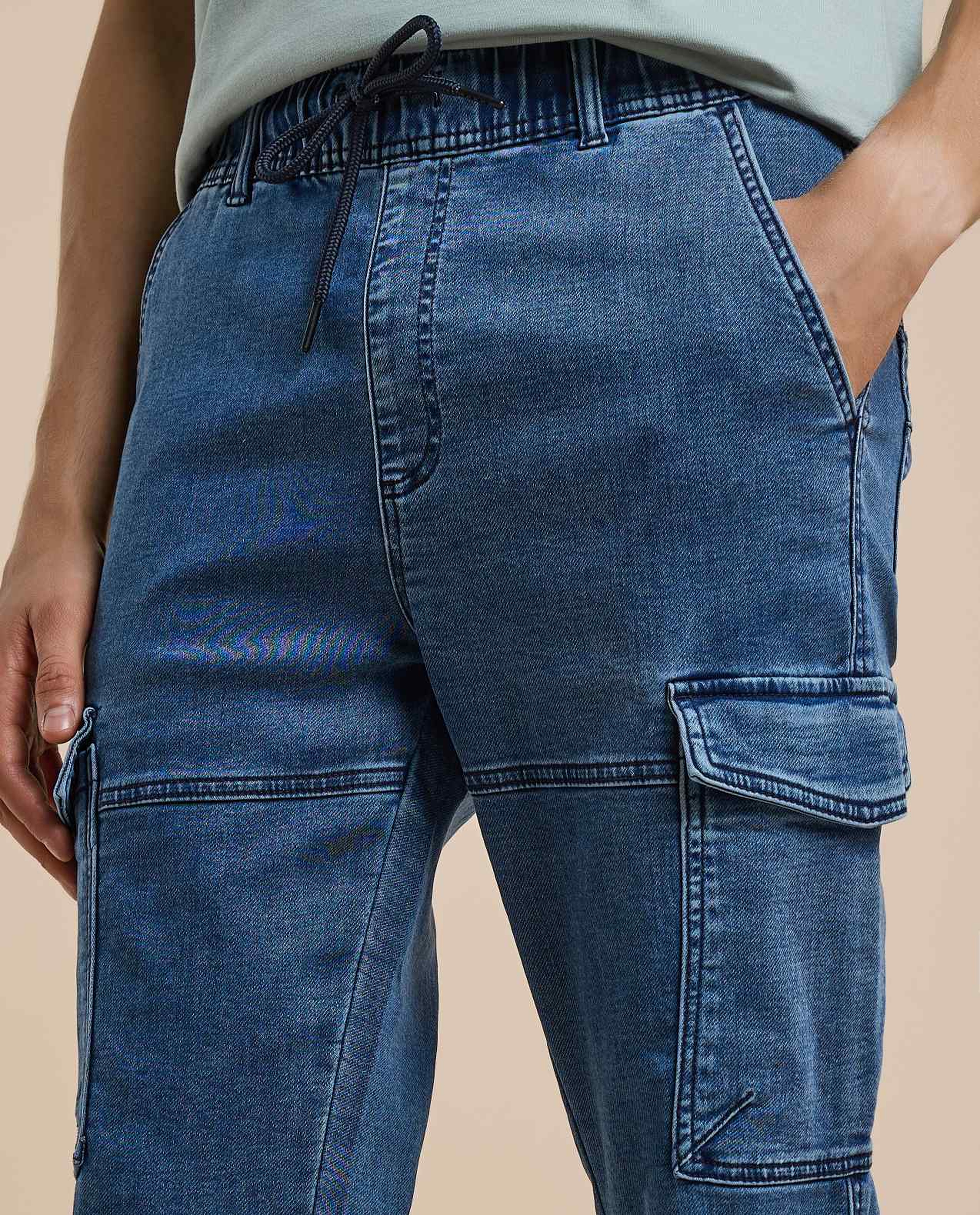 Washed Cargo Pants with Drawstring Waist