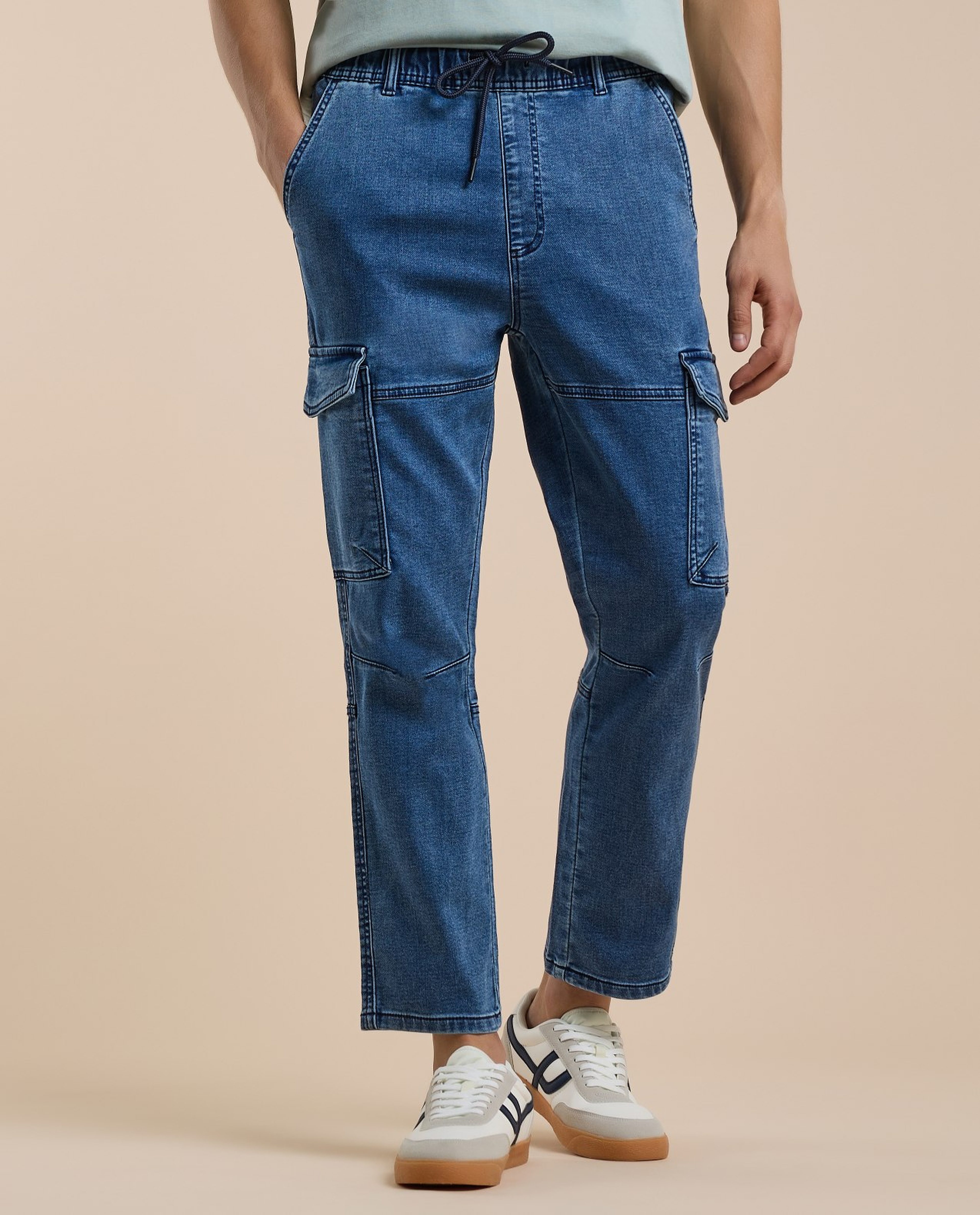 Washed Cargo Pants with Drawstring Waist