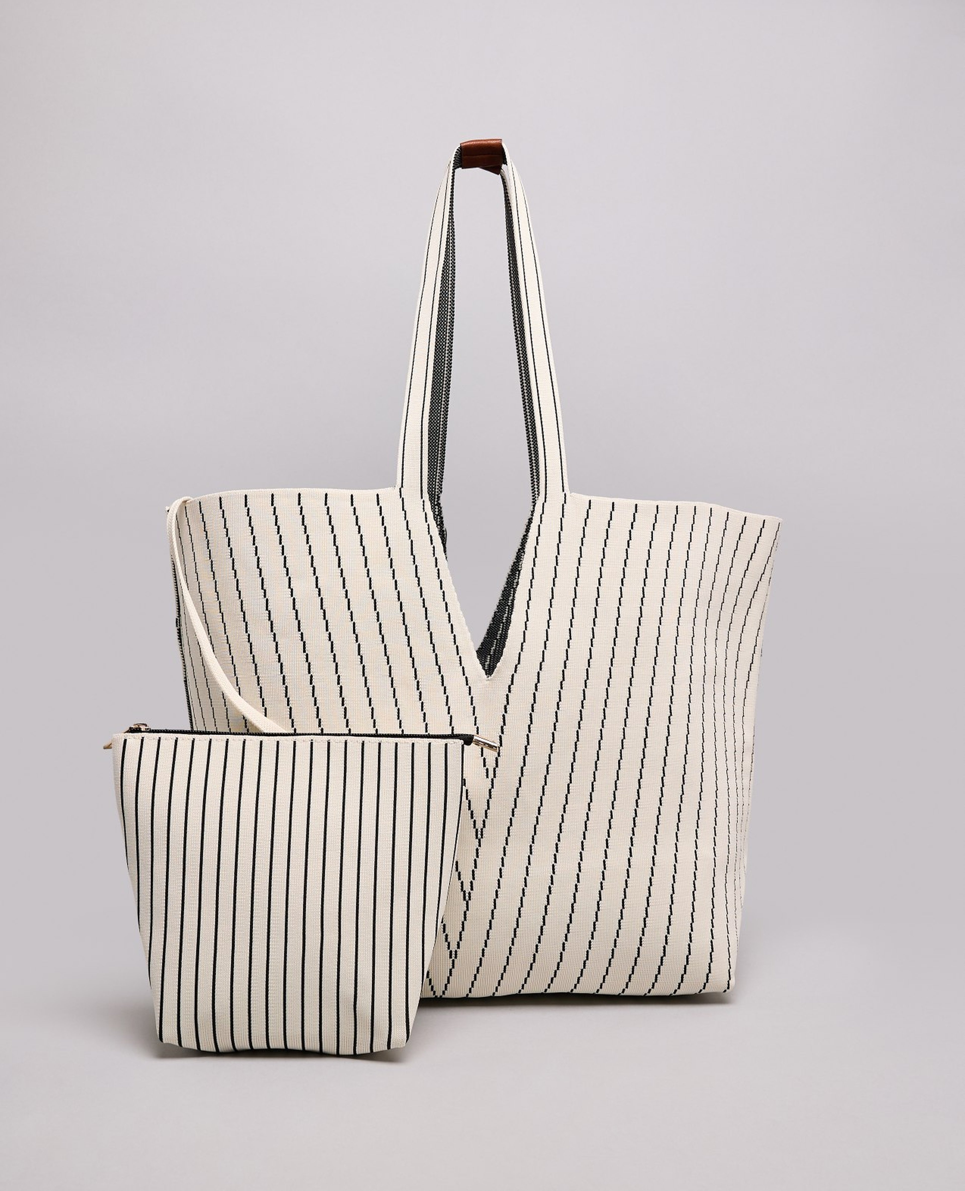 Striped Canvas Tote Bag with Pouch
