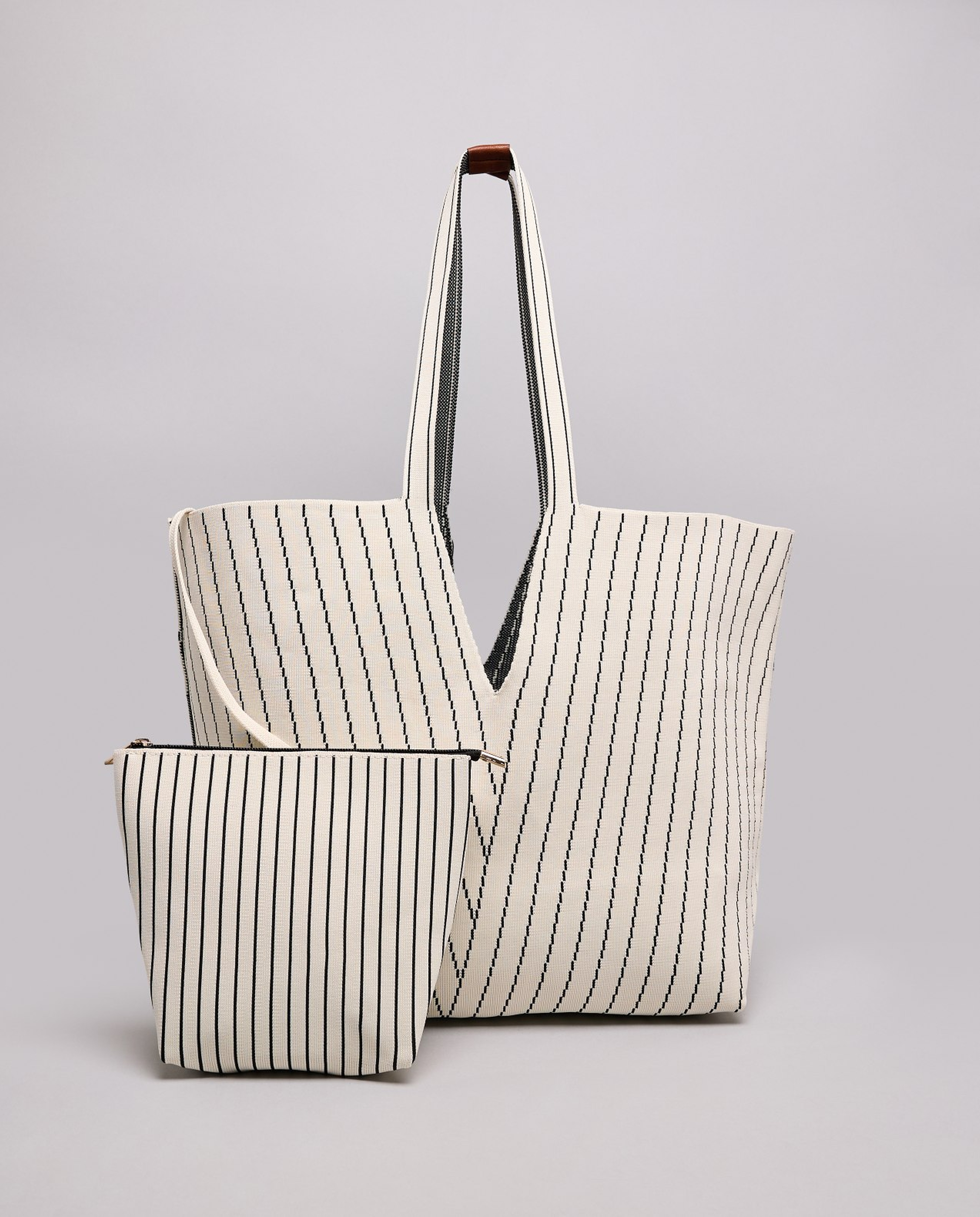 Striped Canvas Tote Bag with Pouch