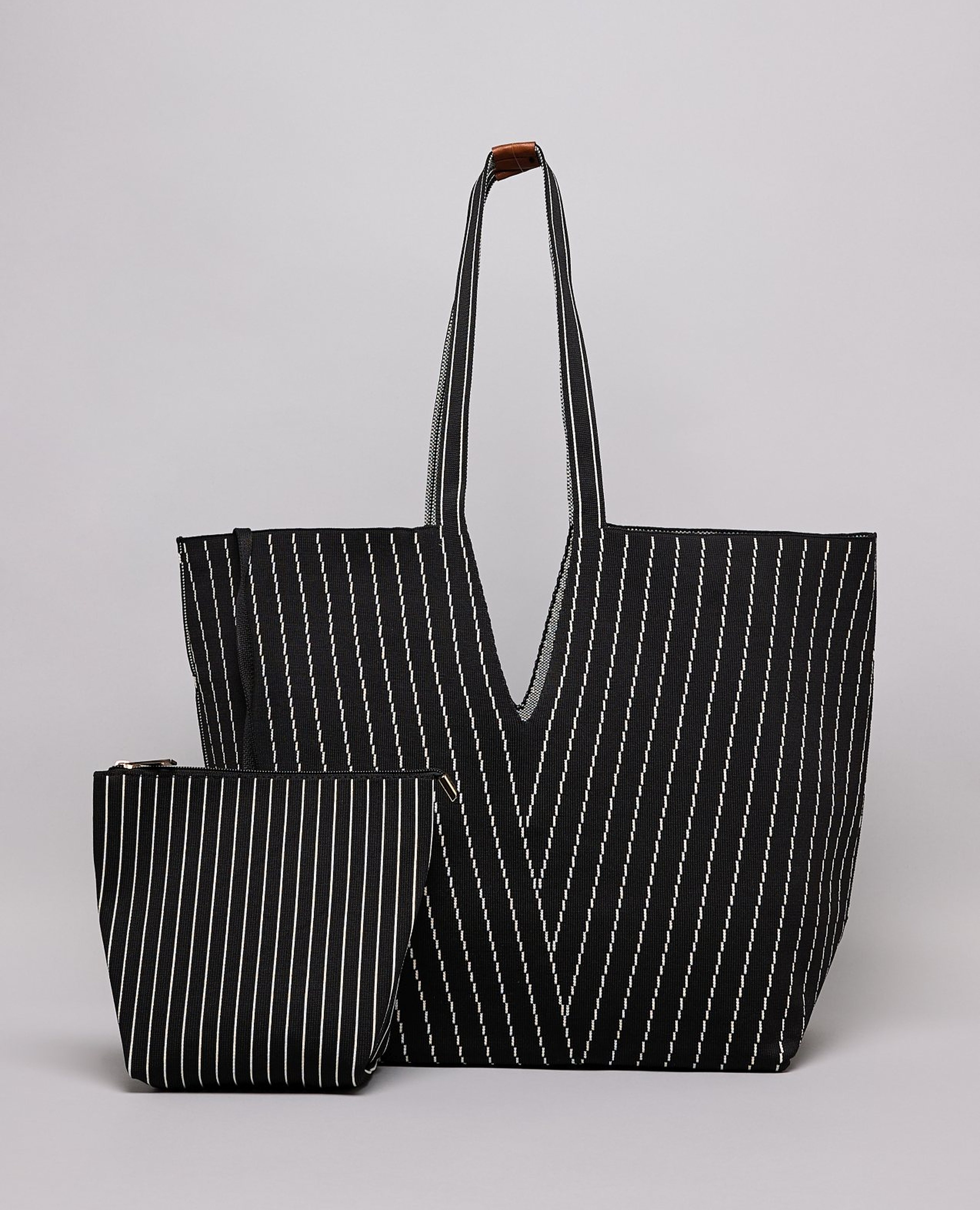 Striped Canvas Tote Bag with Pouch