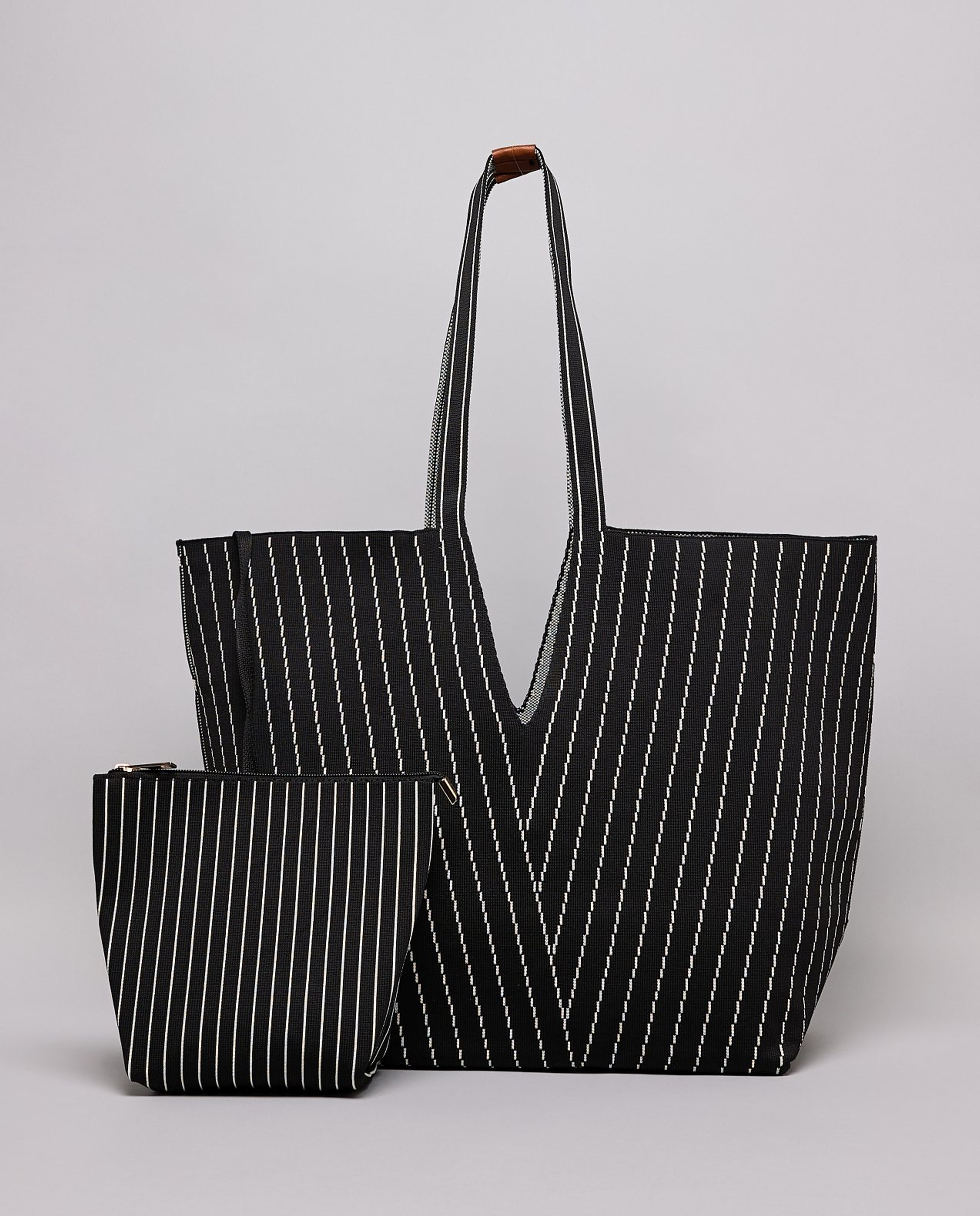 Striped Canvas Tote Bag with Pouch