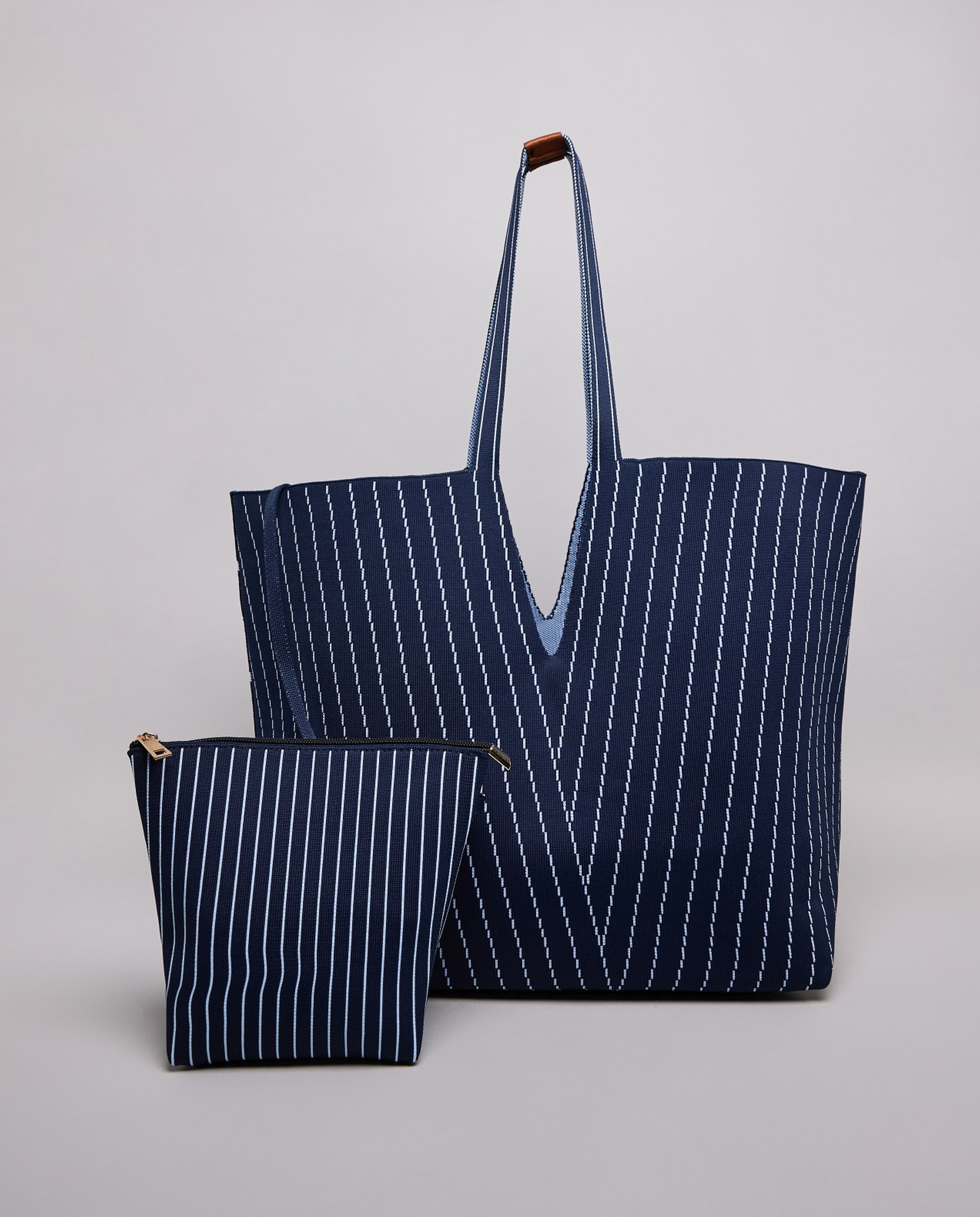Striped Canvas Tote Bag with Pouch
