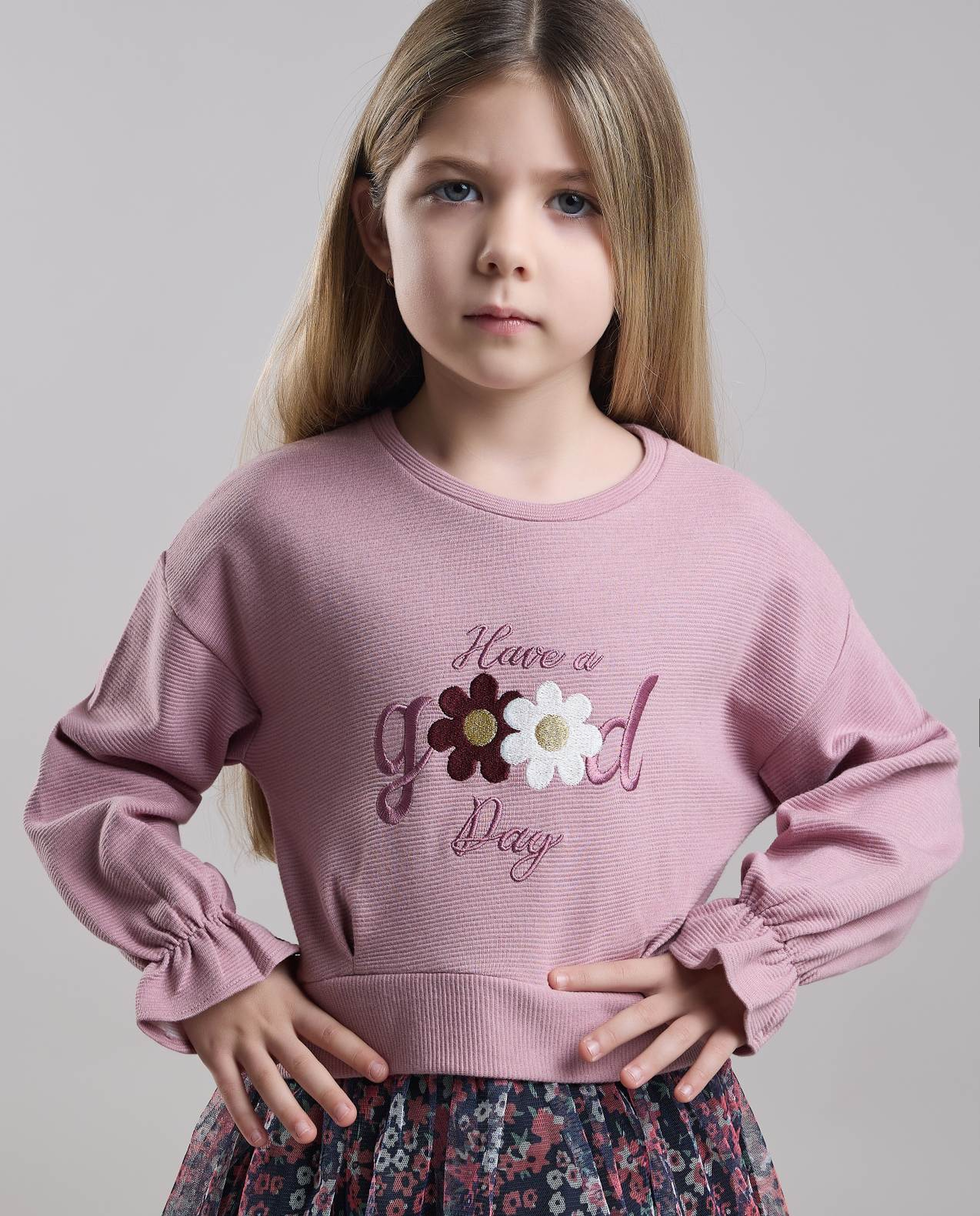 Printed Fit & Flare Dress with Crew Neck and Long Sleeves