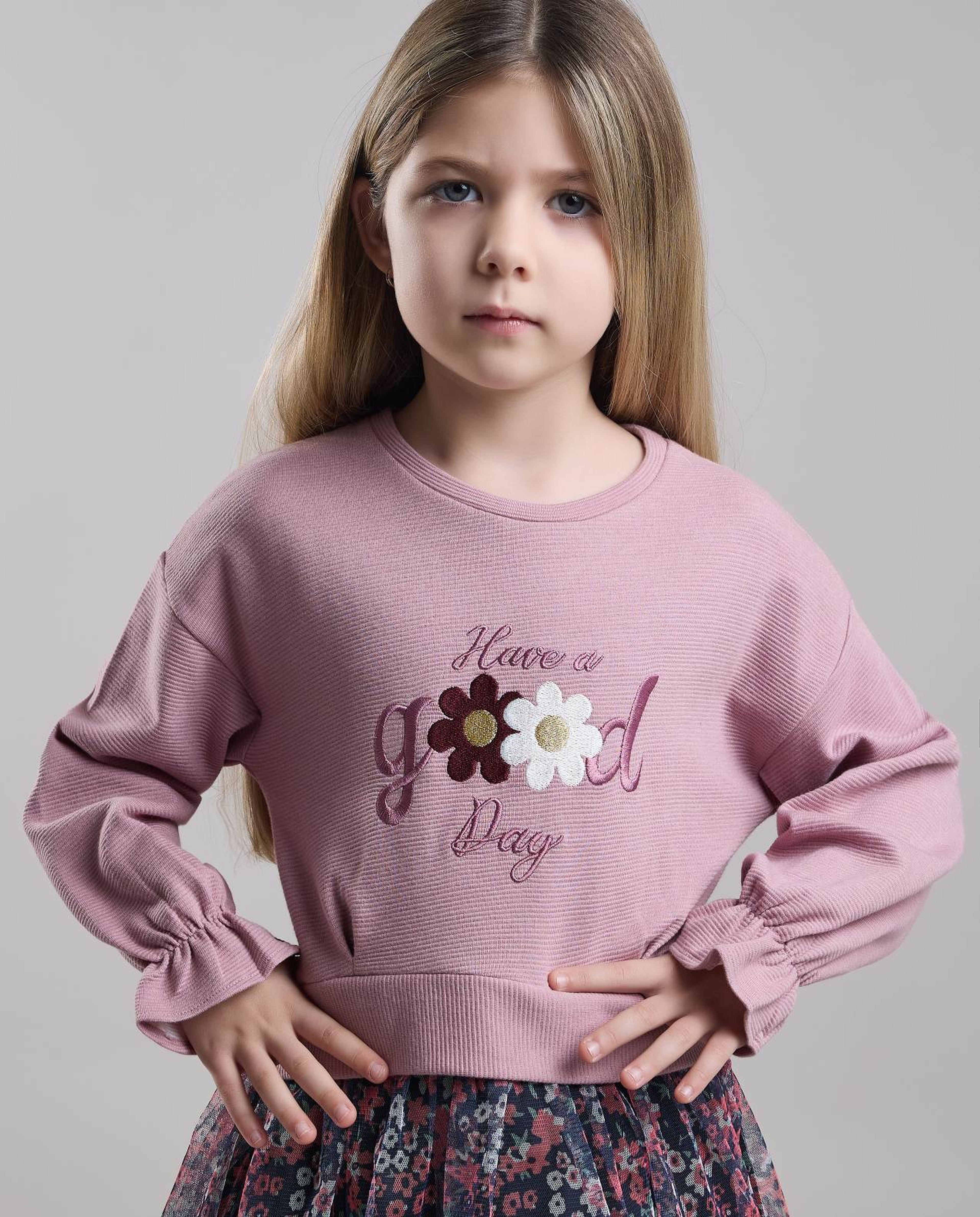 Printed Fit & Flare Dress with Crew Neck and Long Sleeves