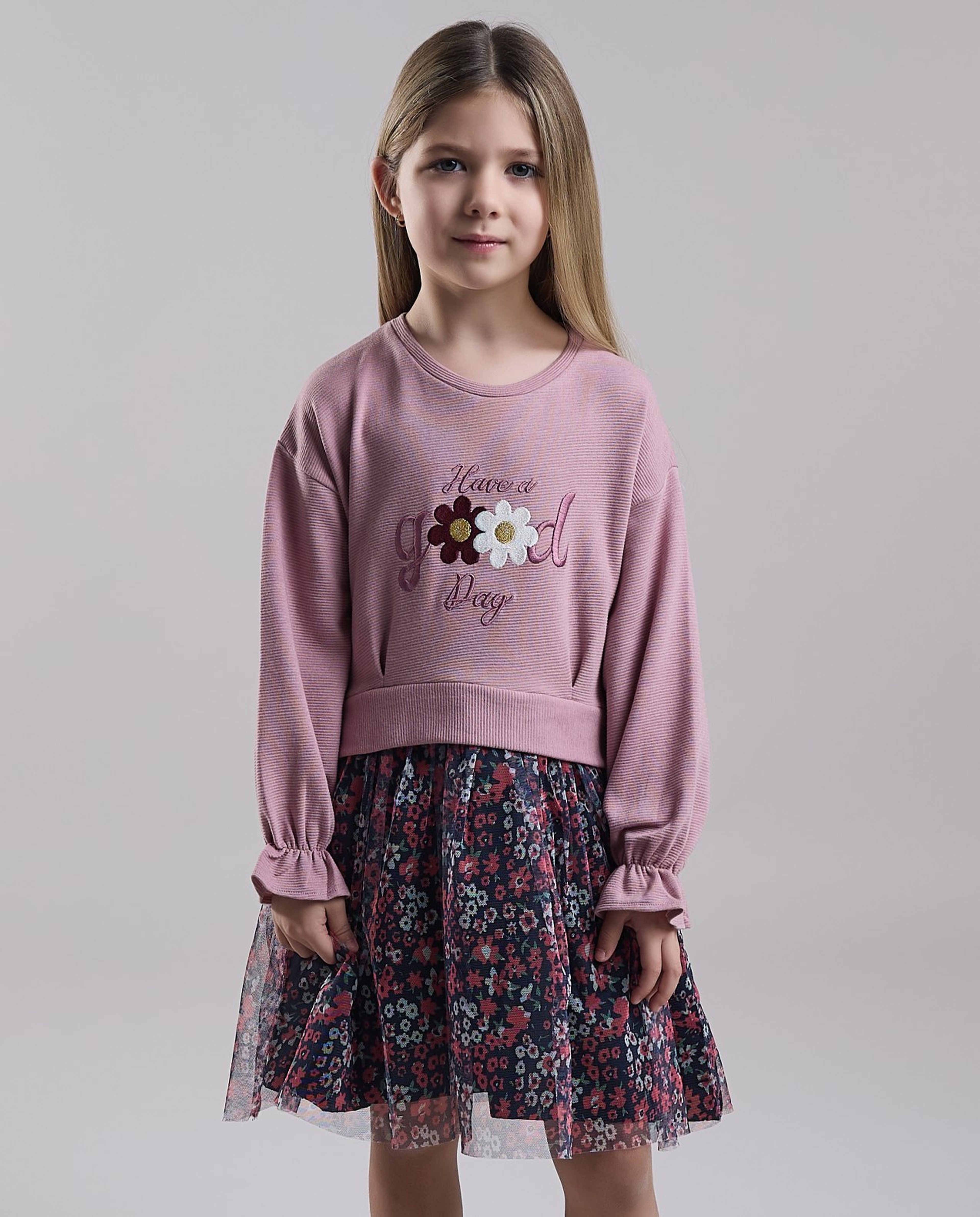 Printed Fit & Flare Dress with Crew Neck and Long Sleeves