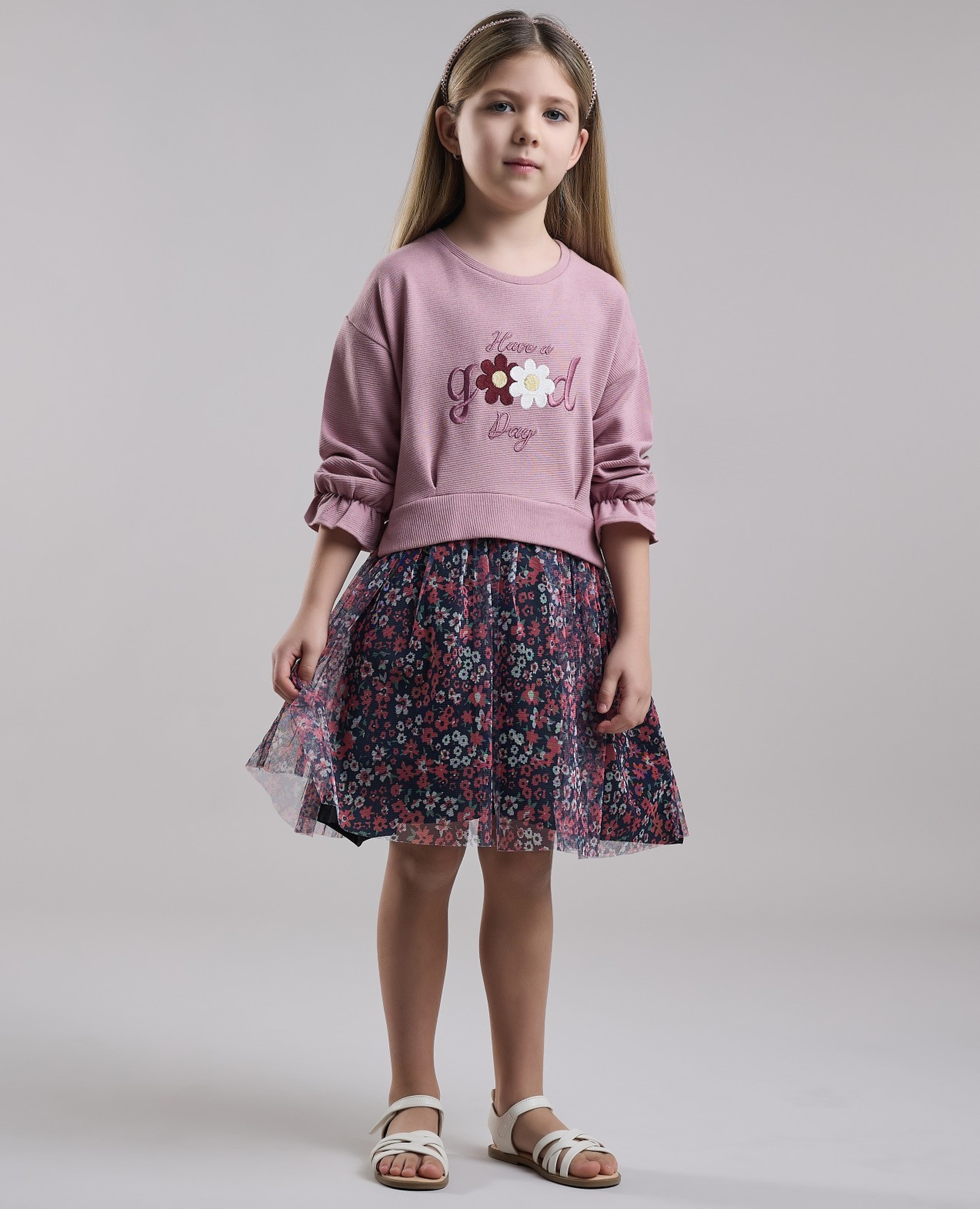 Printed Fit & Flare Dress with Crew Neck and Long Sleeves