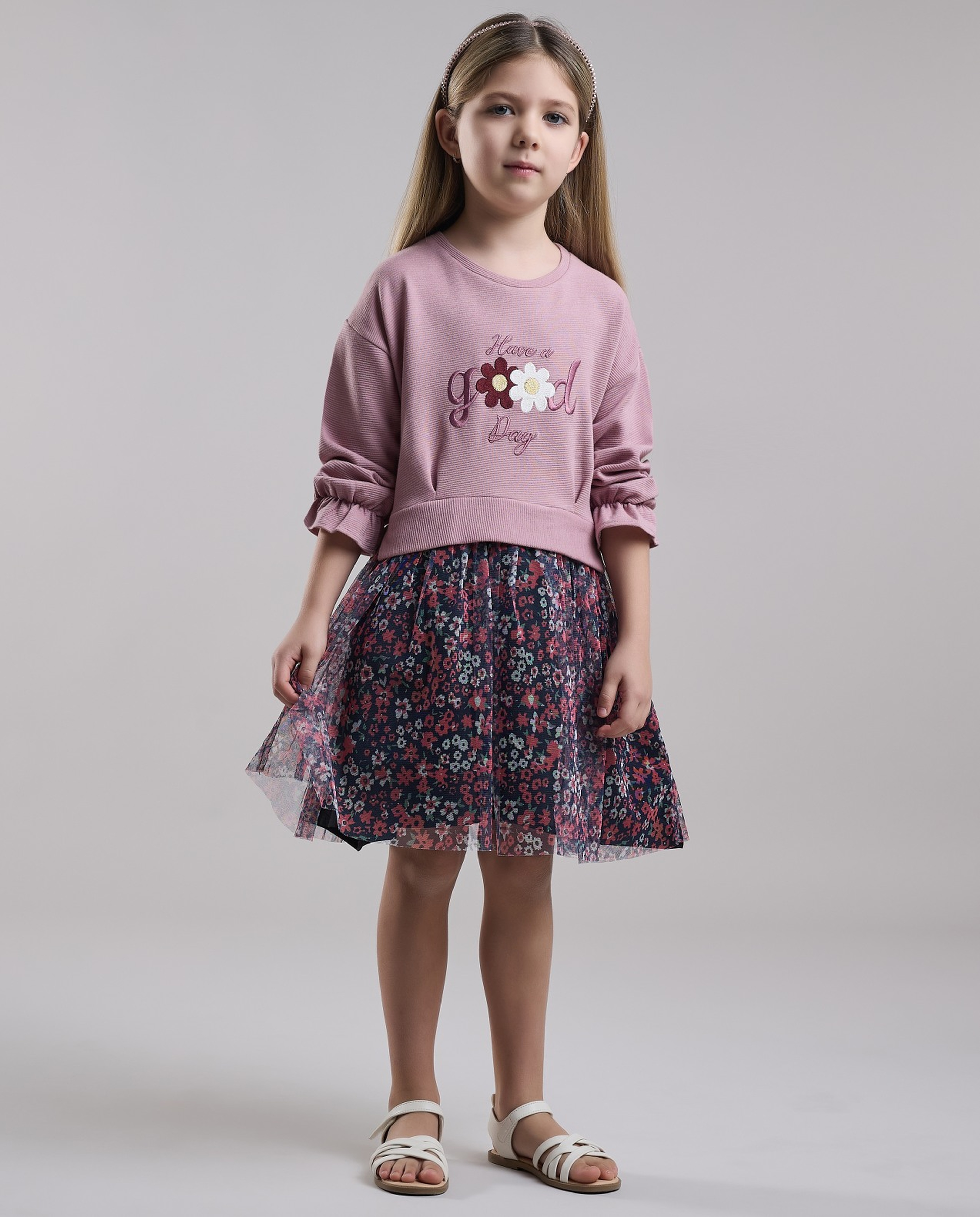 Printed Fit & Flare Dress with Crew Neck and Long Sleeves