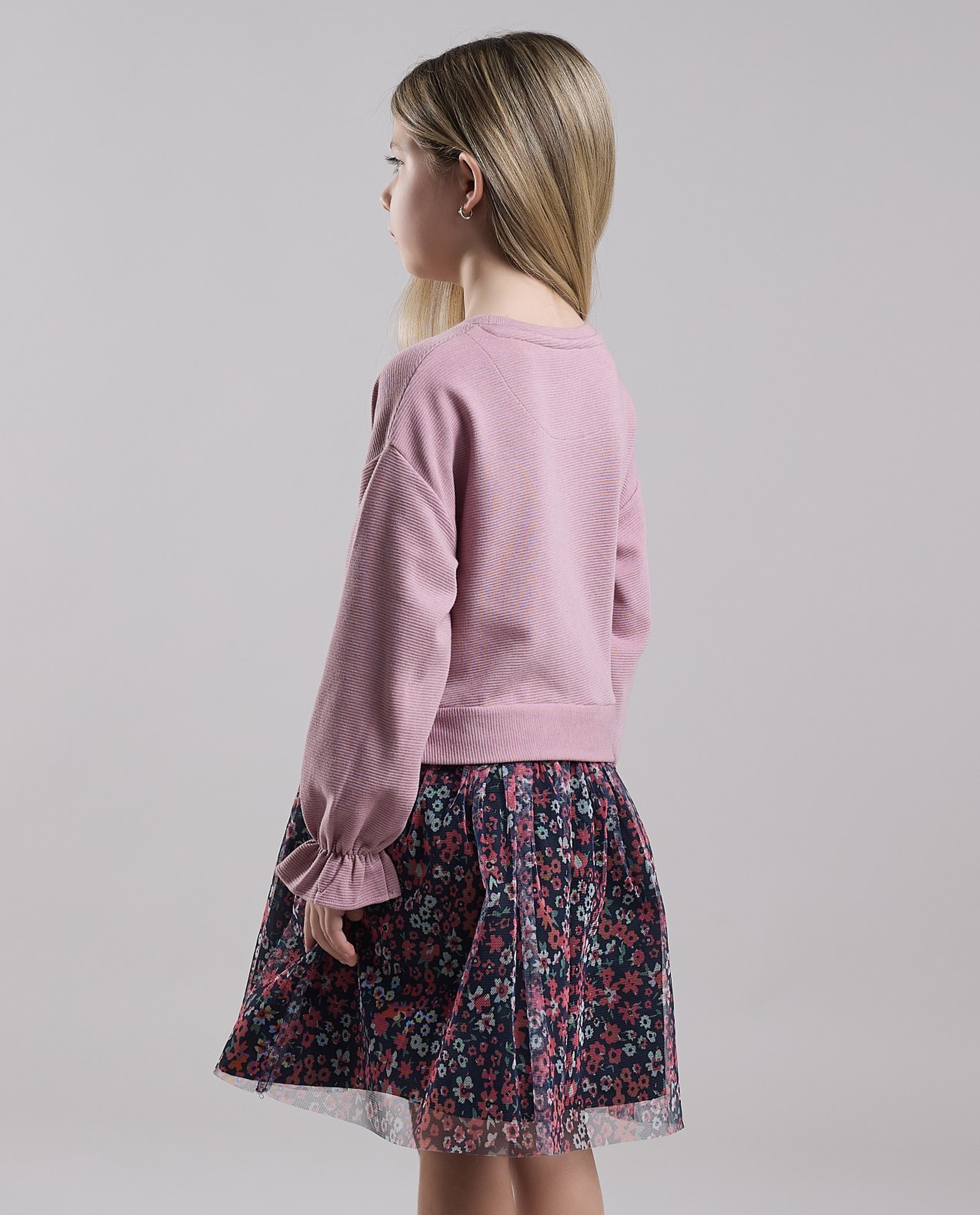 Printed Fit & Flare Dress with Crew Neck and Long Sleeves